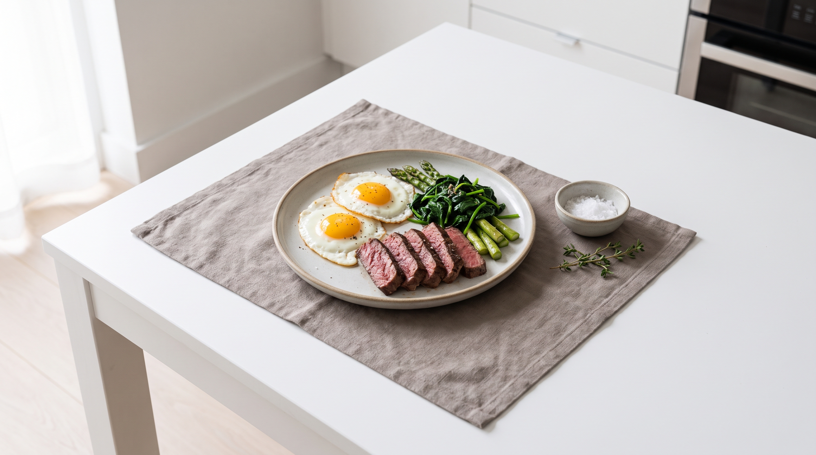 A plate of steak, eggs and greens on a calm white dining table