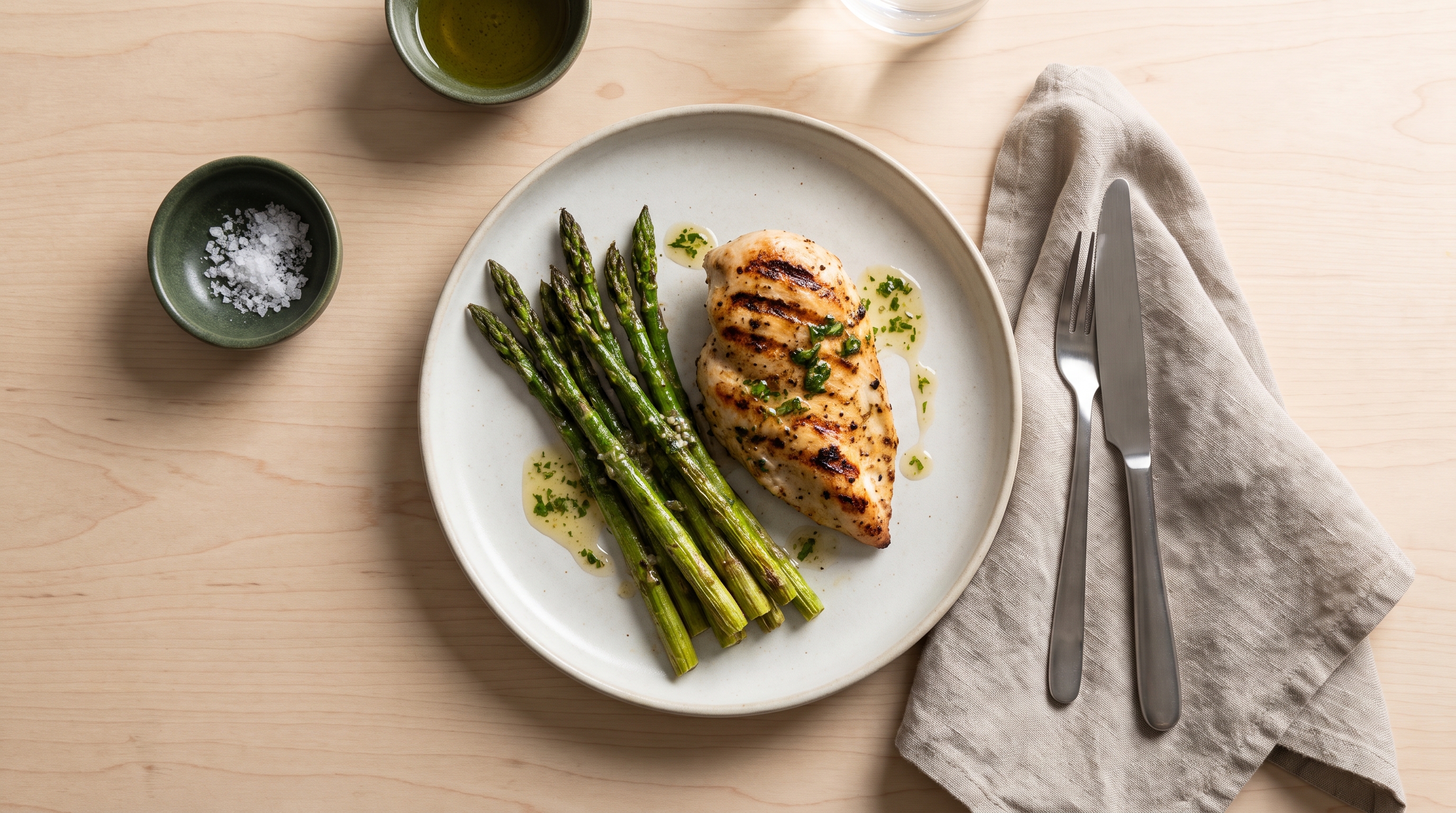plate of grilled chicken, vegetables and rice on a kitchen table