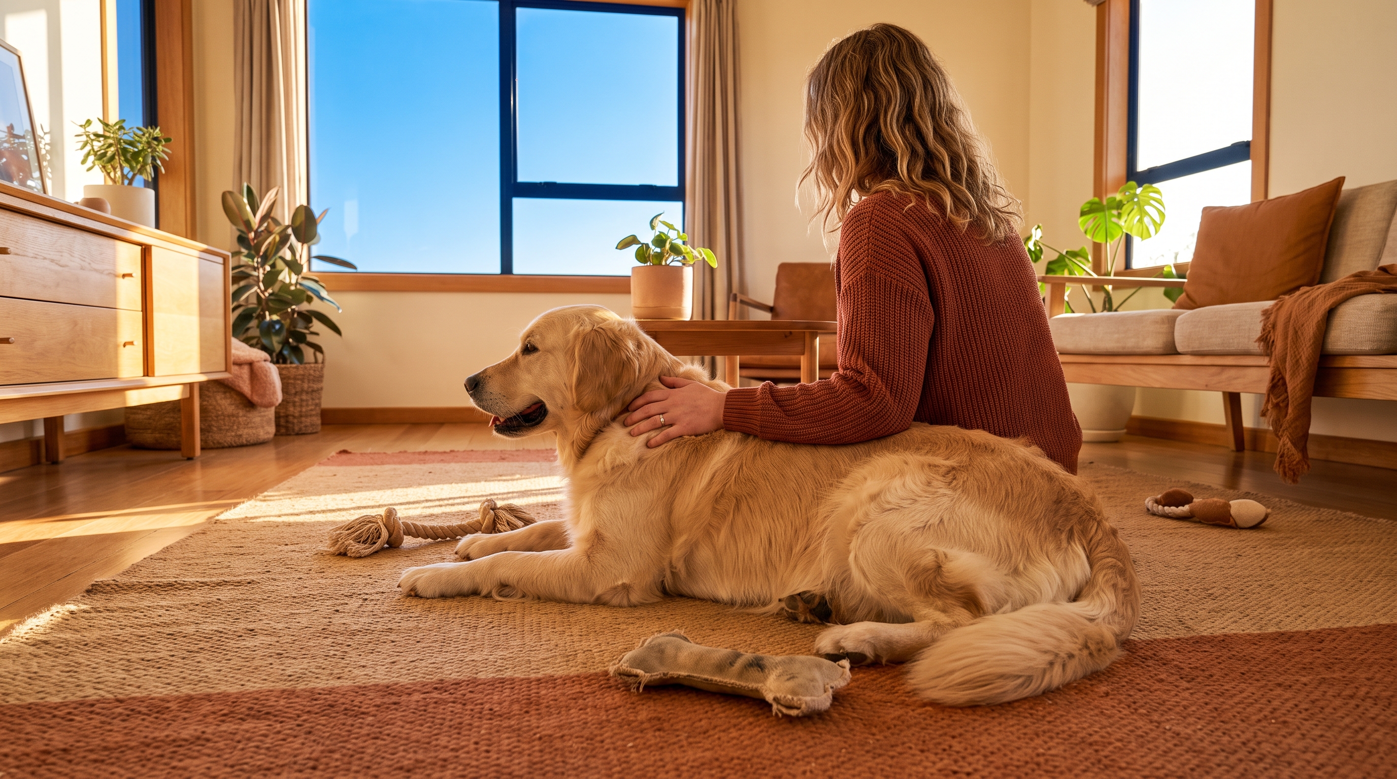 dog lying down on command in a living room