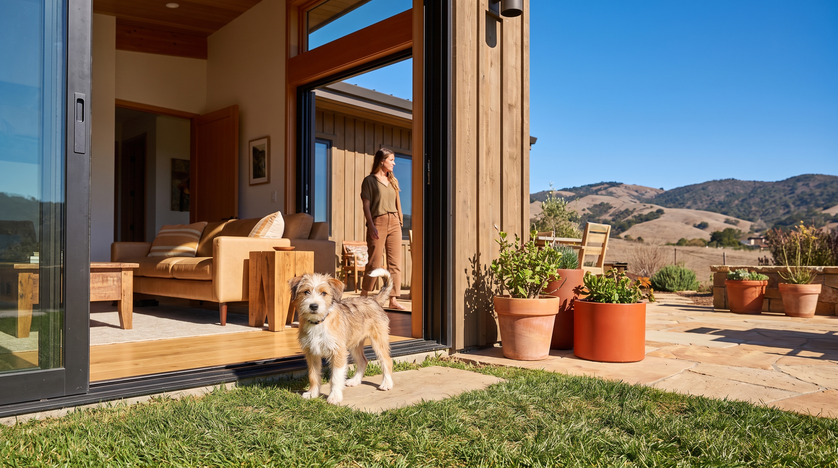 puppy standing by open back door on grass