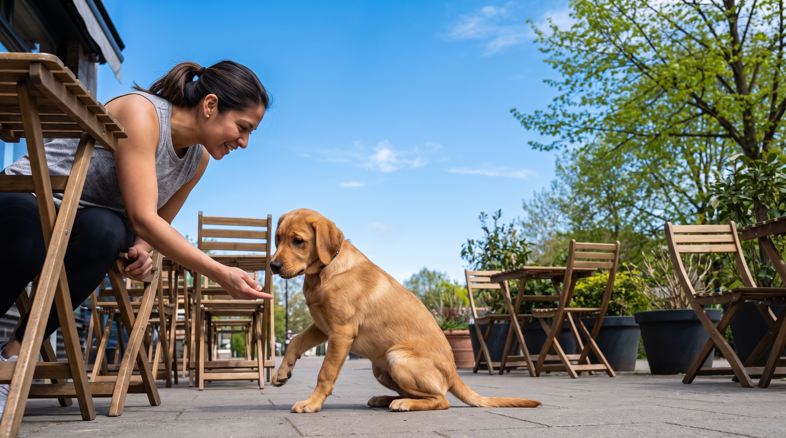 A woman in her 30s training a young labrador to sit in a park