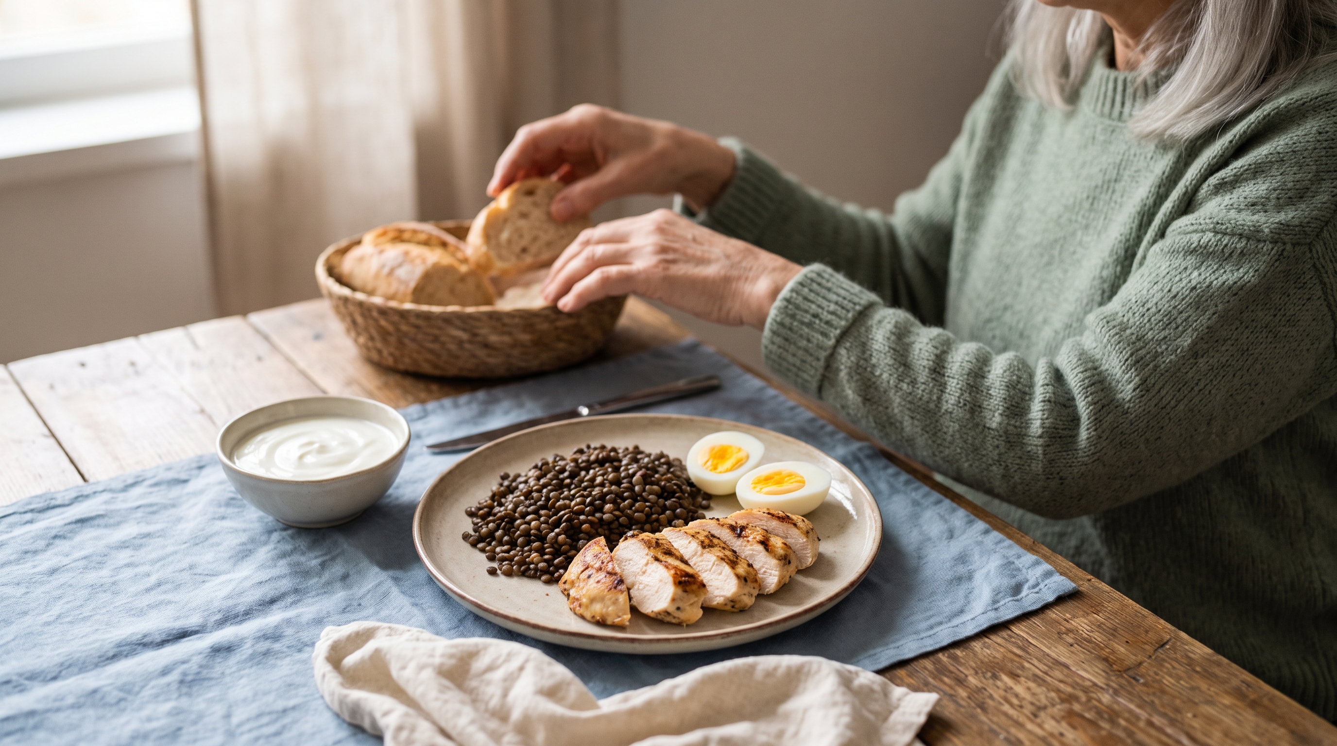 Plate of grilled chicken, lentils, eggs and yoghurt on a kitchen table