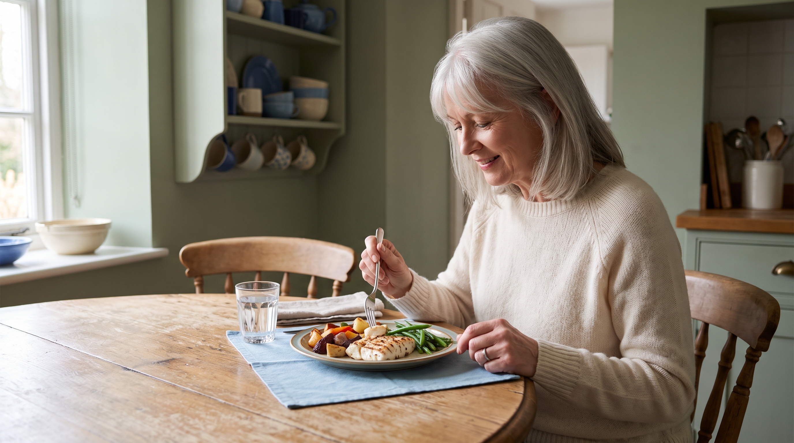 A woman in her 60s with silver hair eating a balanced plate of fish and vegetables at a calm dining table