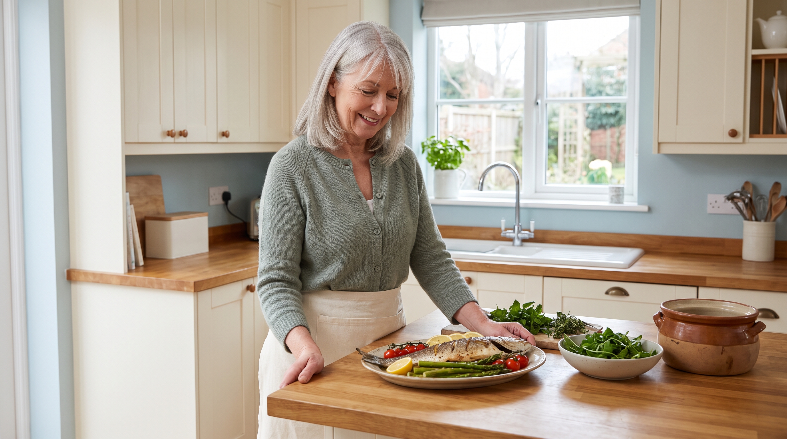 Older adult arranging colourful vegetables and fish on a kitchen counter