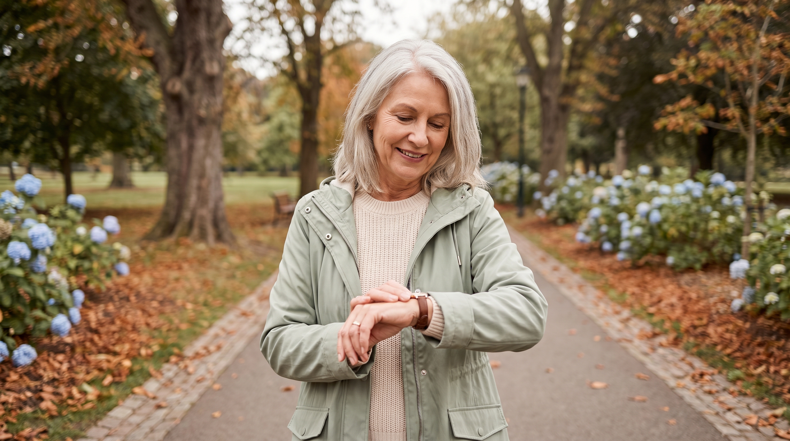 older adult checking step count on wrist watch while walking outdoors