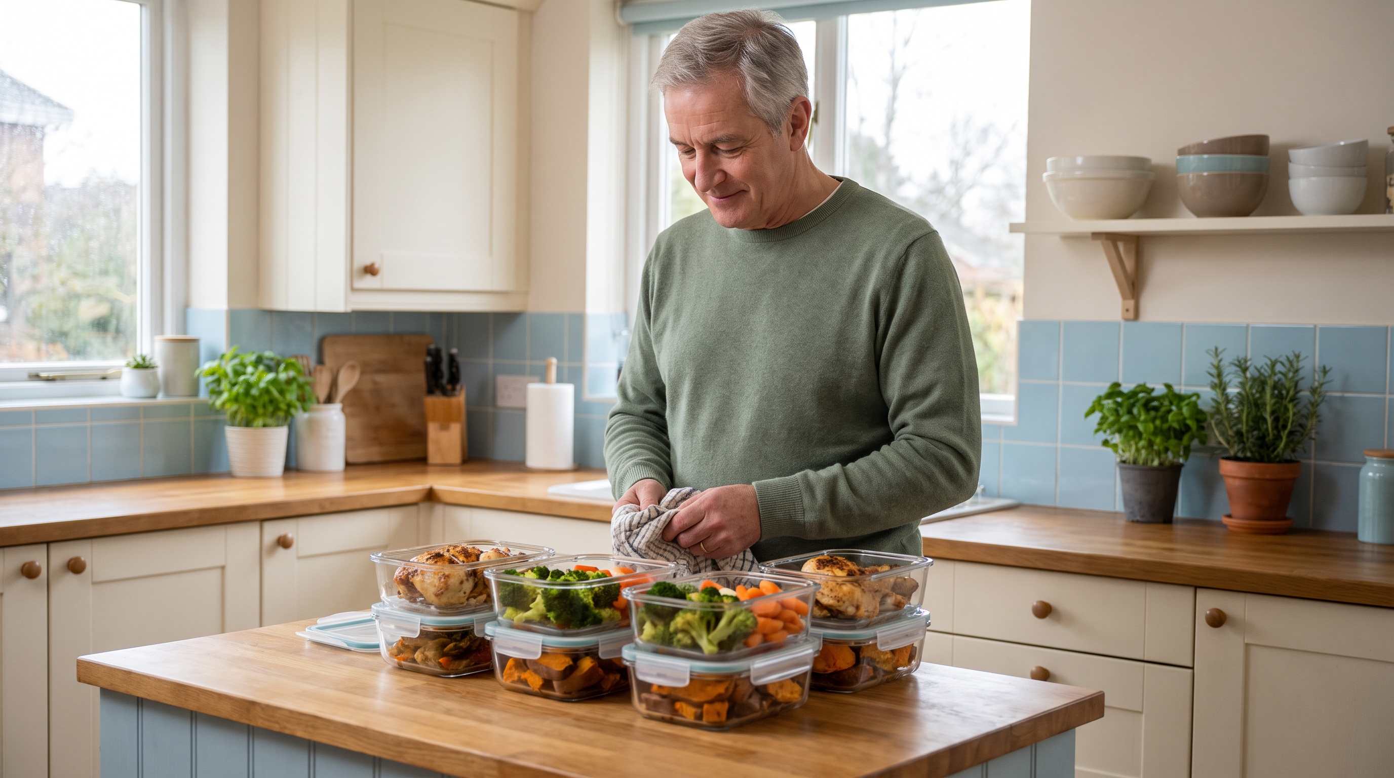 Older adult packing meal containers on a kitchen counter