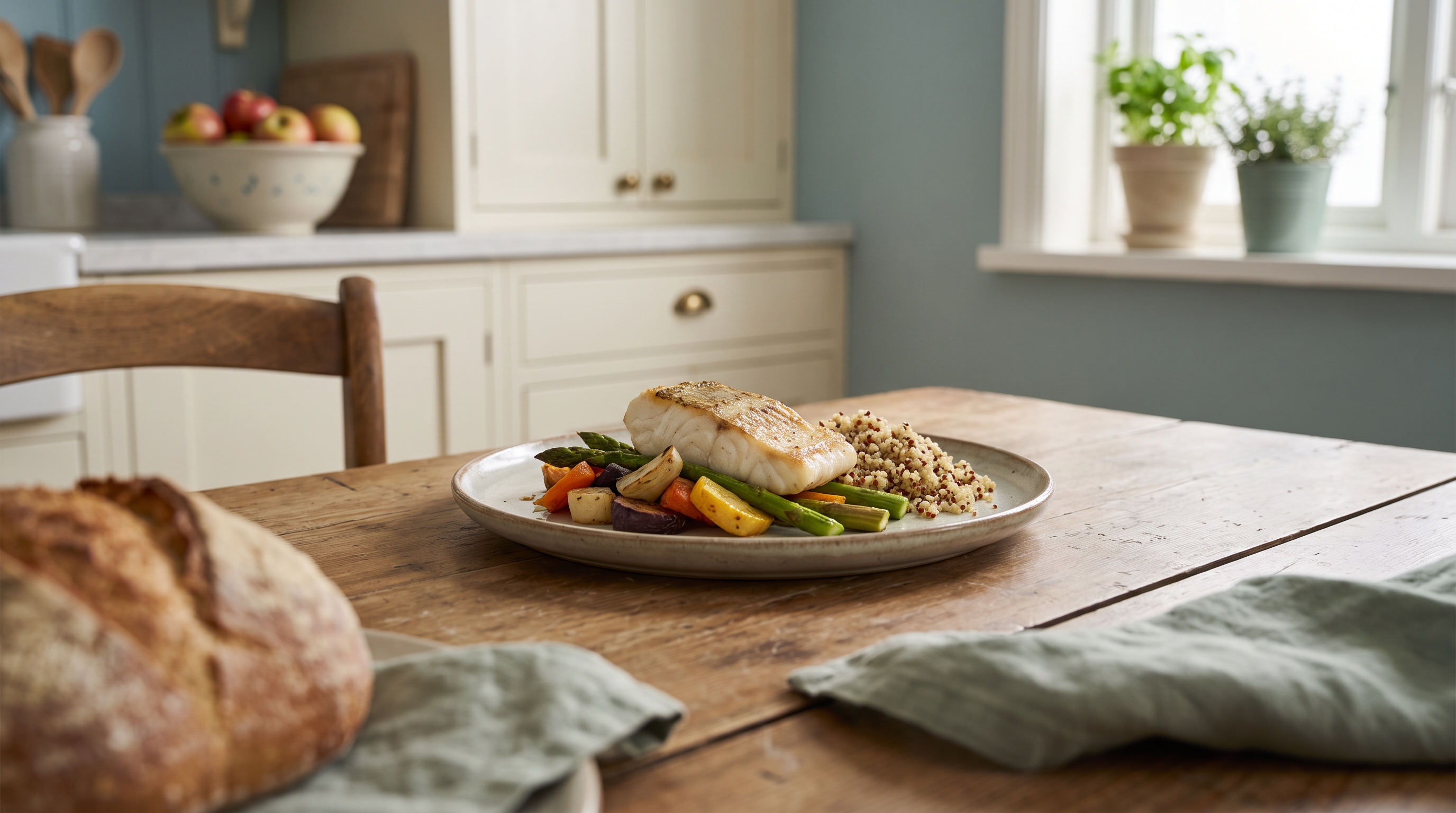 A balanced plate of fish and vegetables on a calm dining table