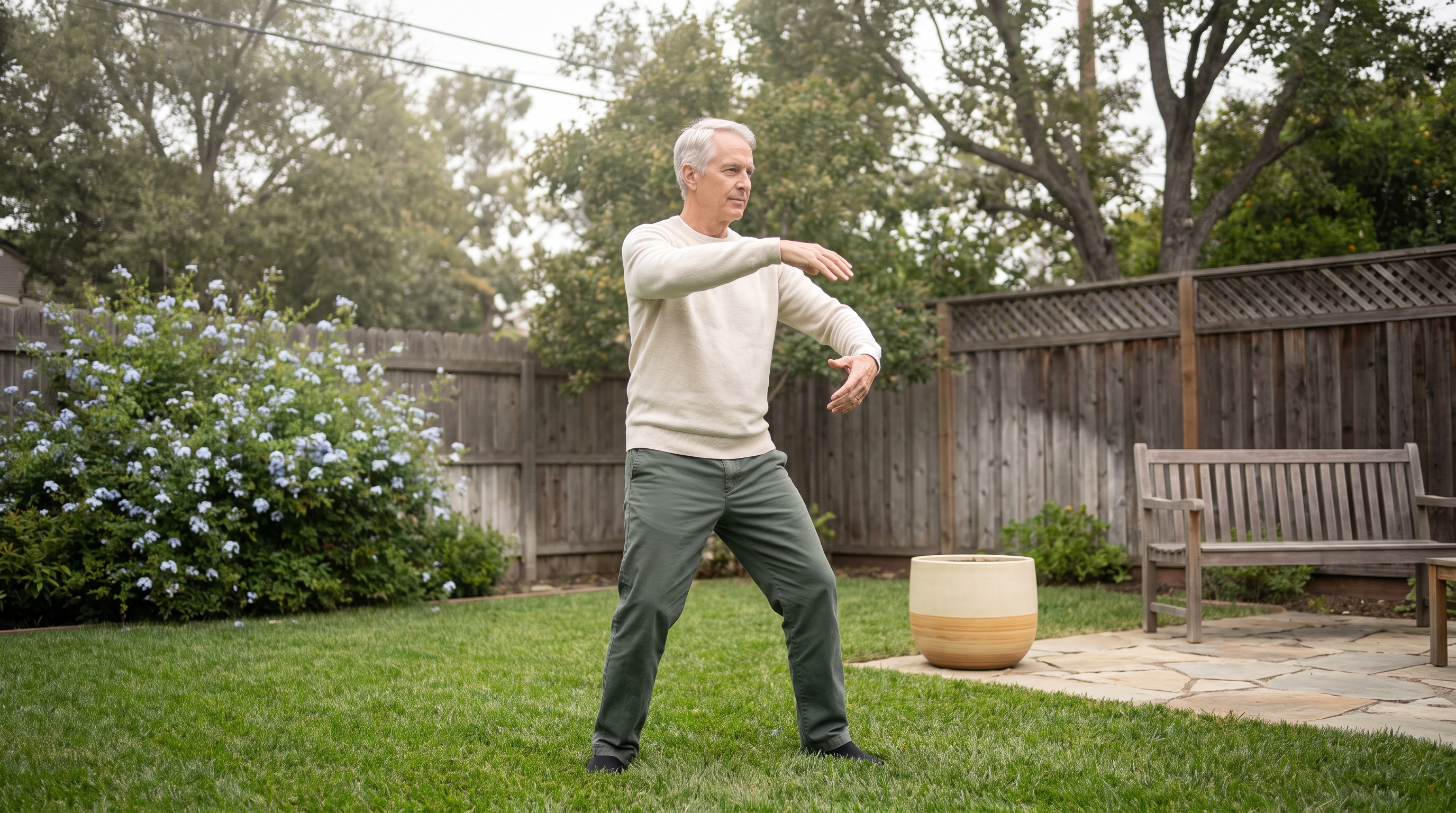 Older adult standing in a garden practicing slow qigong movements