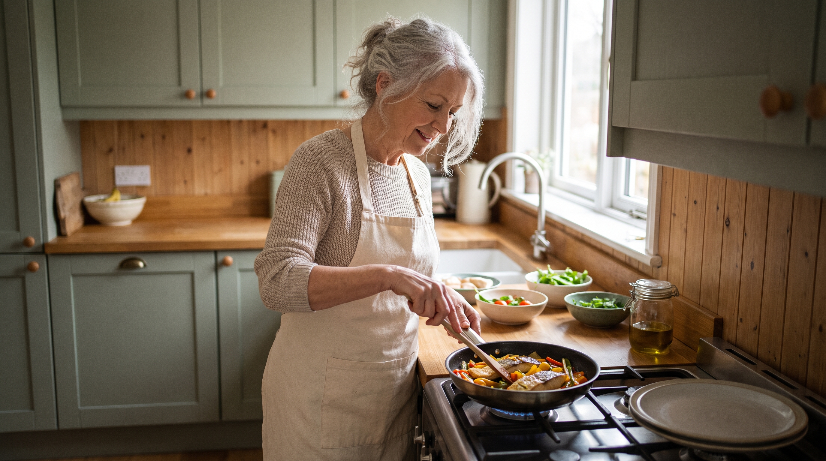 A woman in her 60s with silver hair smiling while cooking a balanced plate of fish and vegetables in a cozy home kitchen