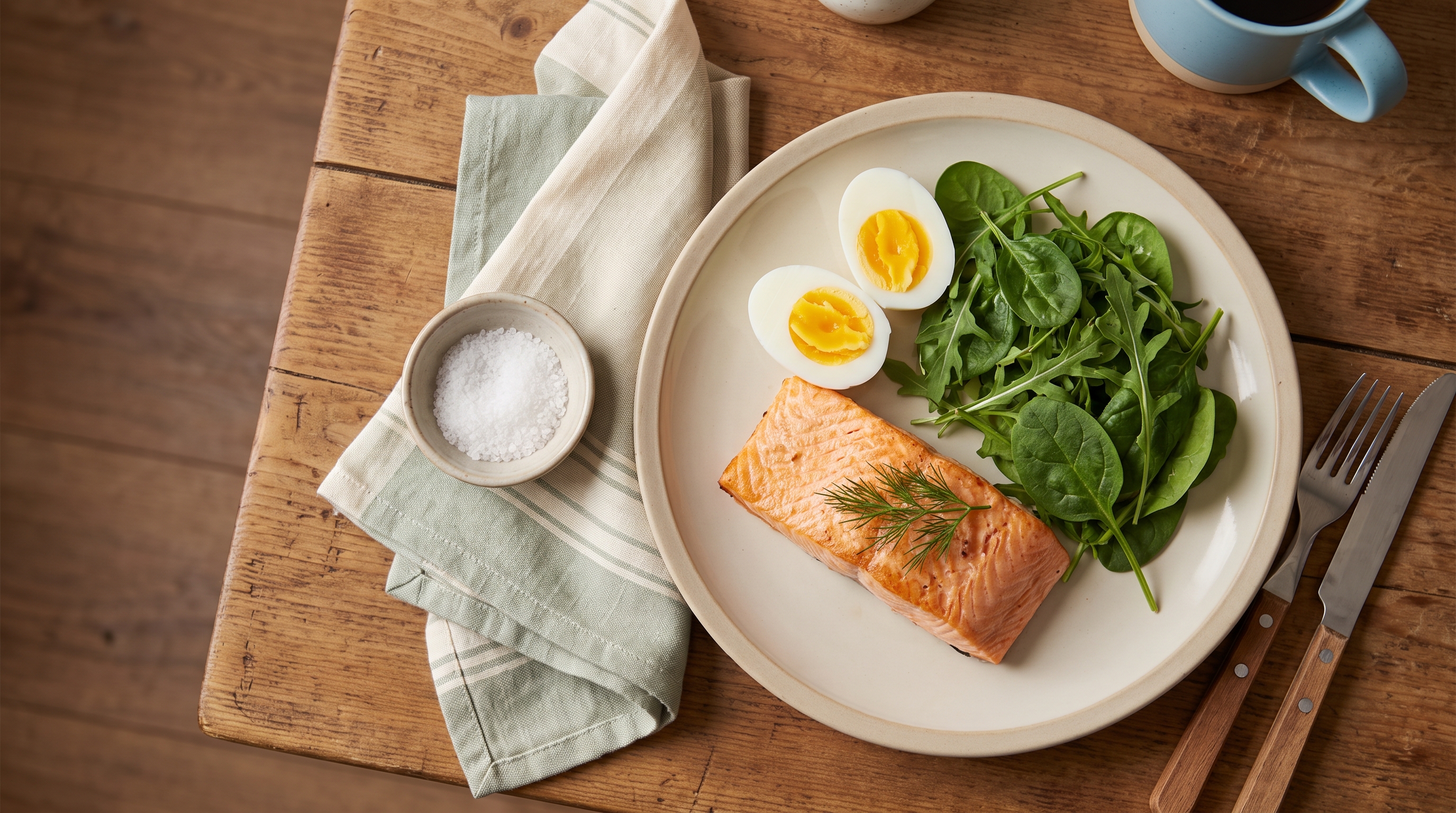 salmon fillet and eggs on wooden table