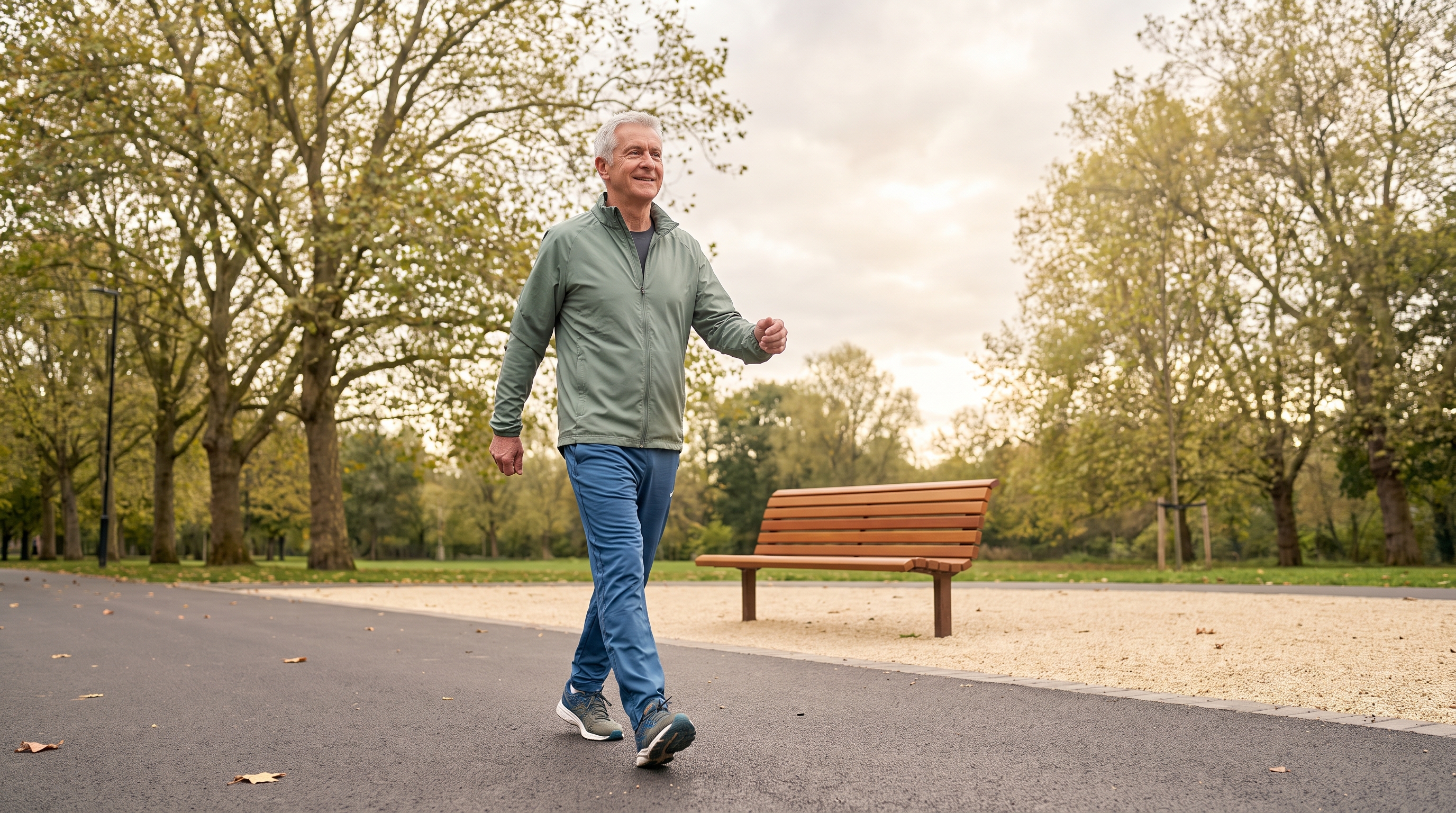 older adult walking briskly on a tree-lined path