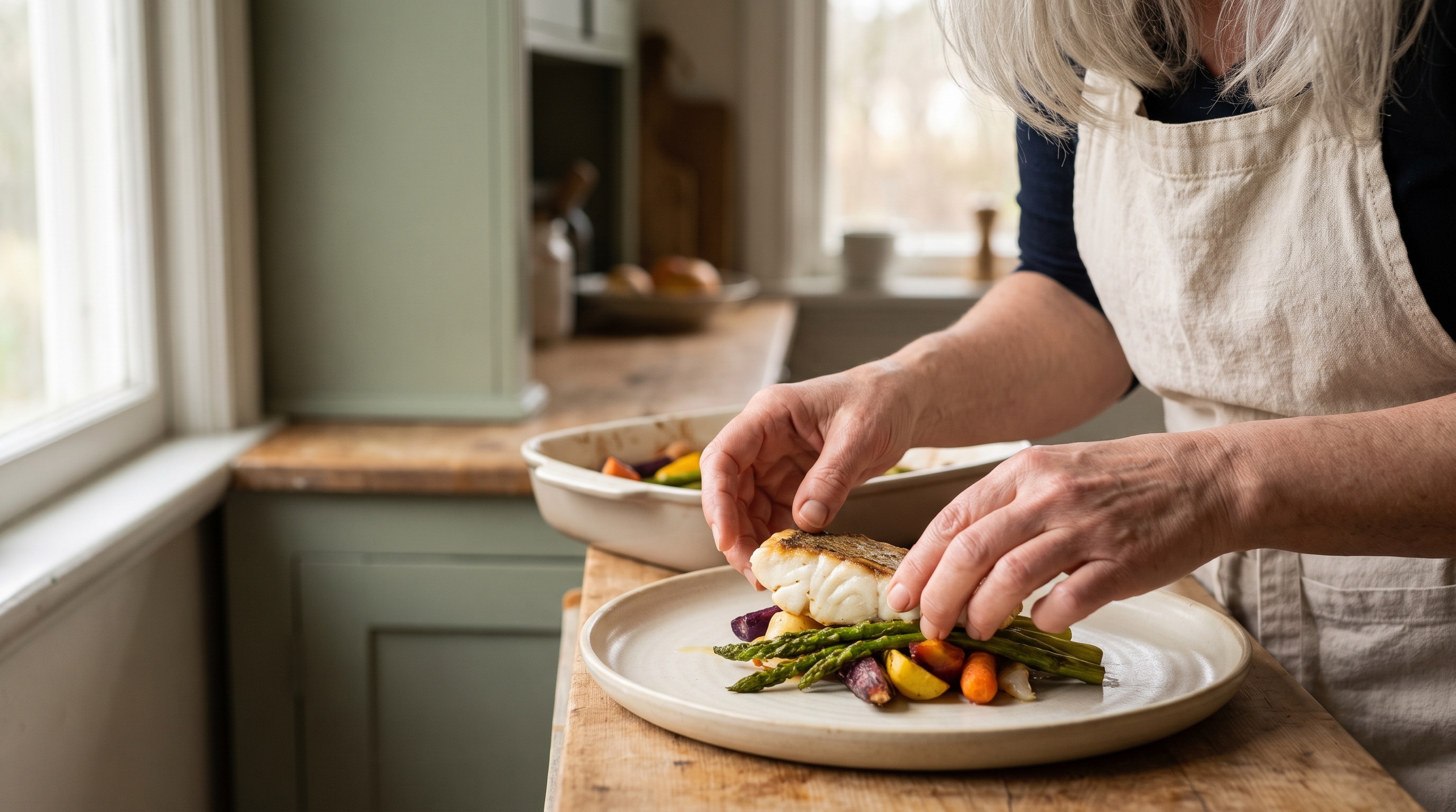 A woman in her 60s with silver hair plating a balanced plate of fish and vegetables in a cozy home kitchen