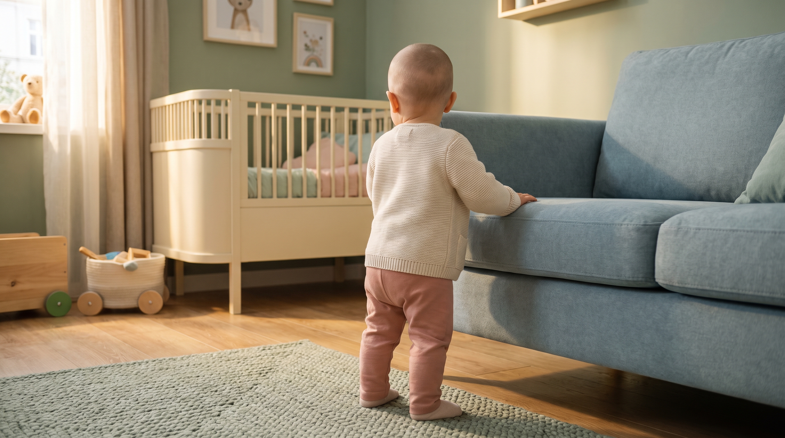 one year old baby standing while holding onto a sofa