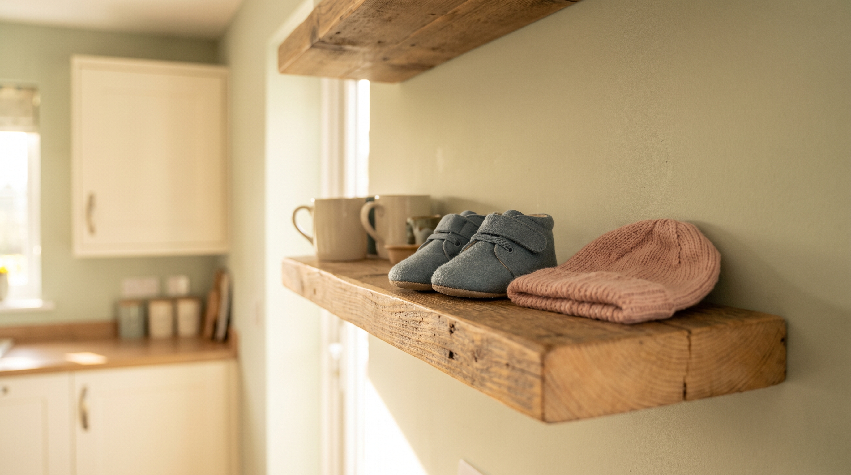 tiny baby shoes and a knitted hat on a shelf