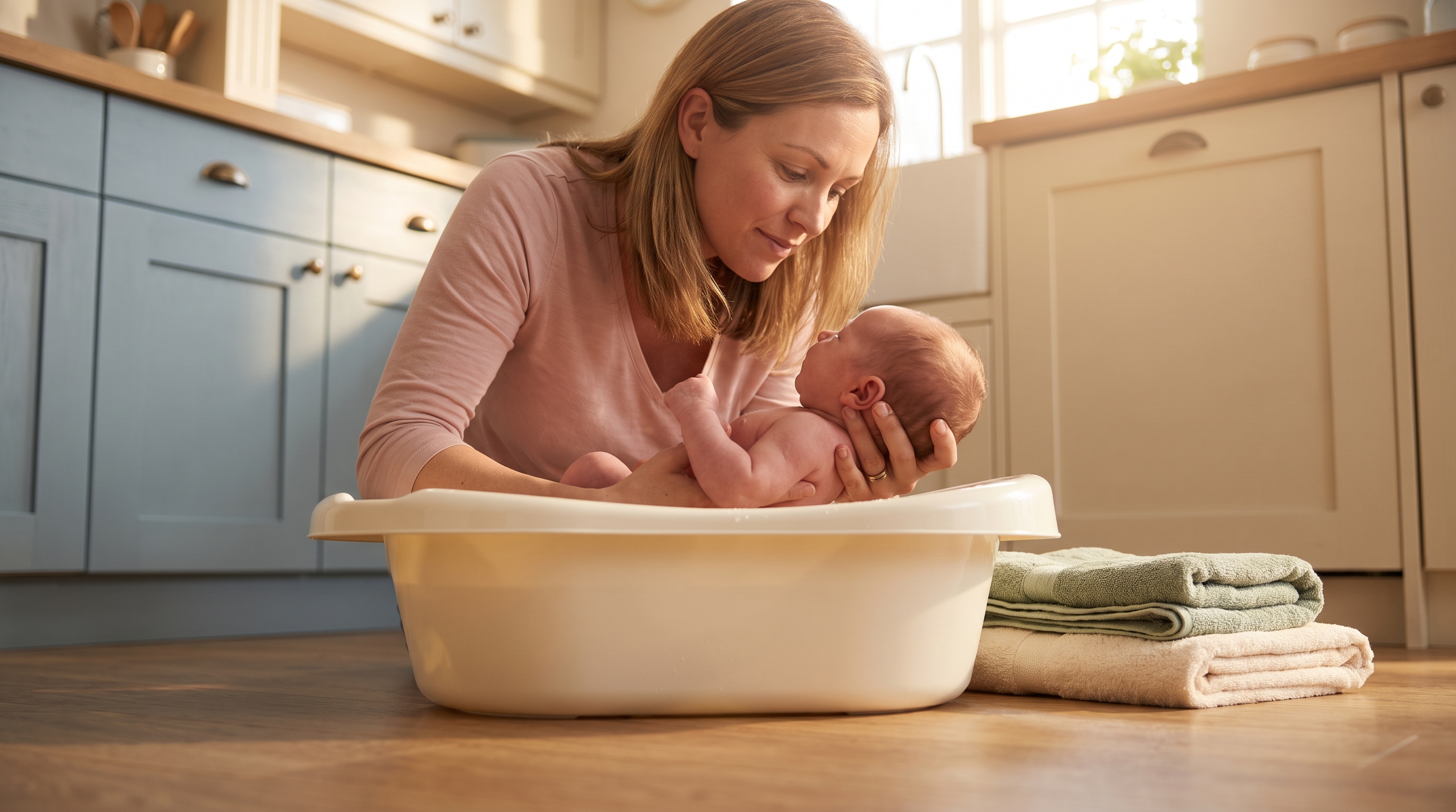 newborn baby being bathed in small tub