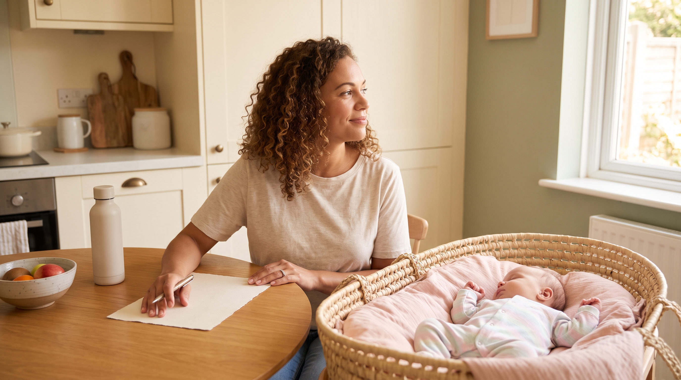 parent writing letter at kitchen table beside sleeping baby