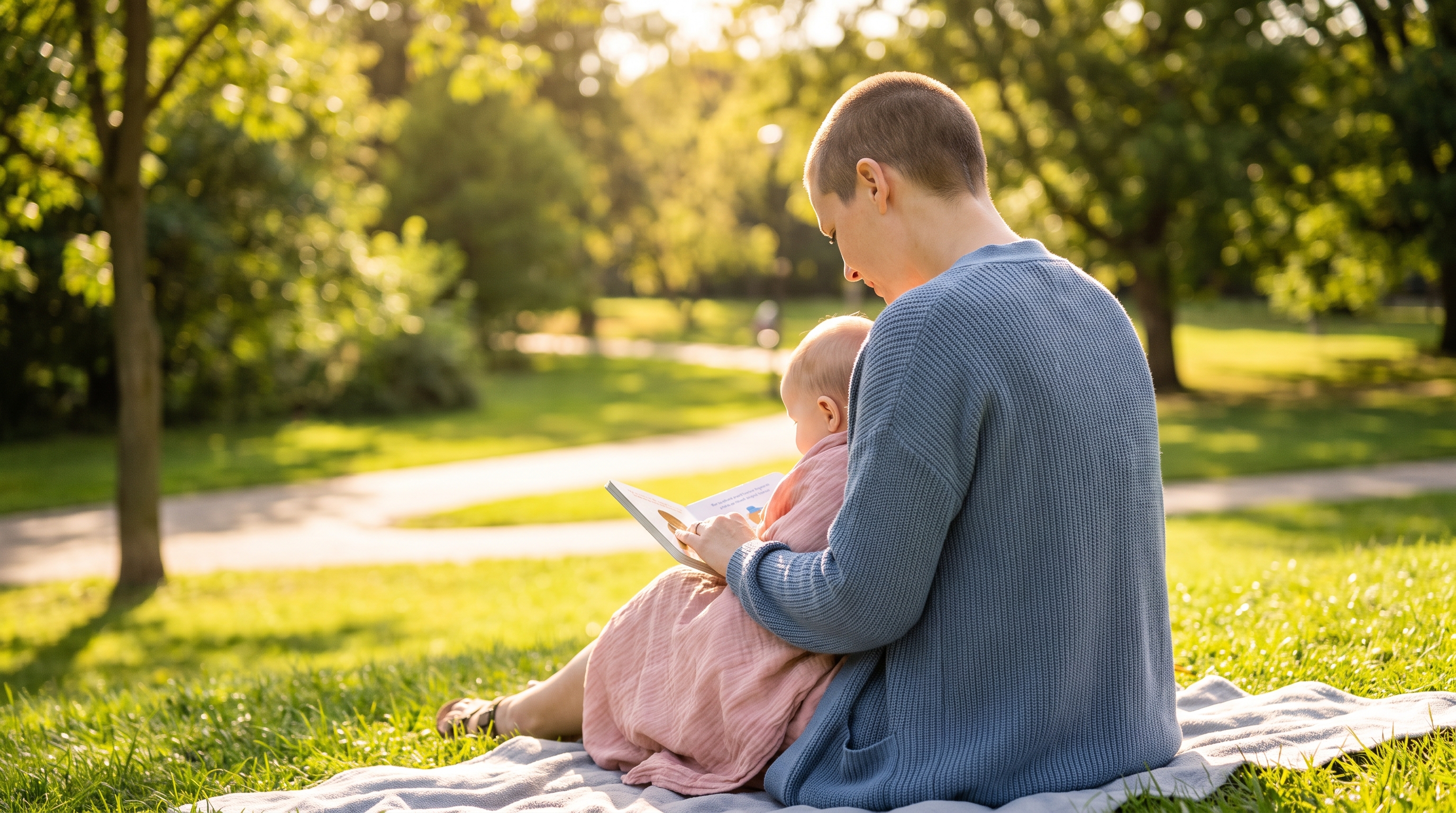 parent reading board book to infant on lap