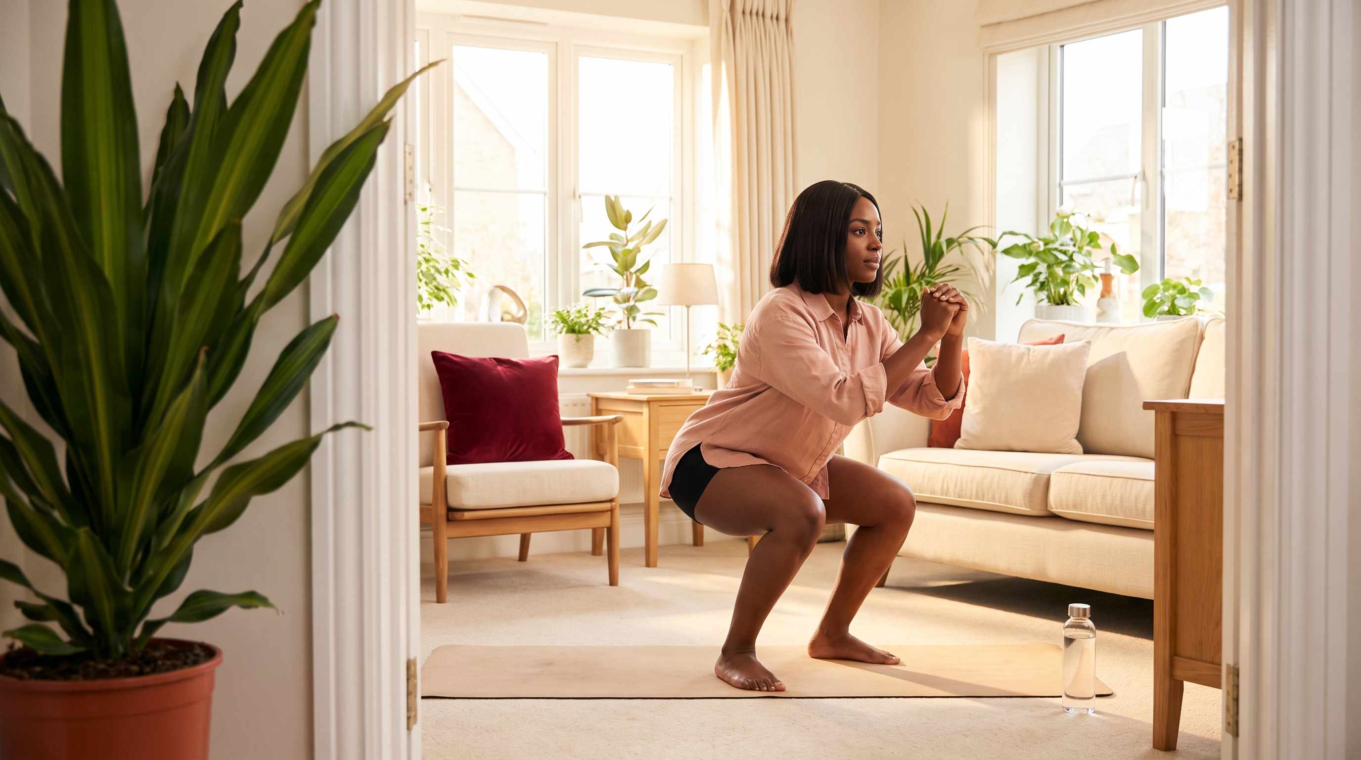 woman doing bodyweight squats in a living room
