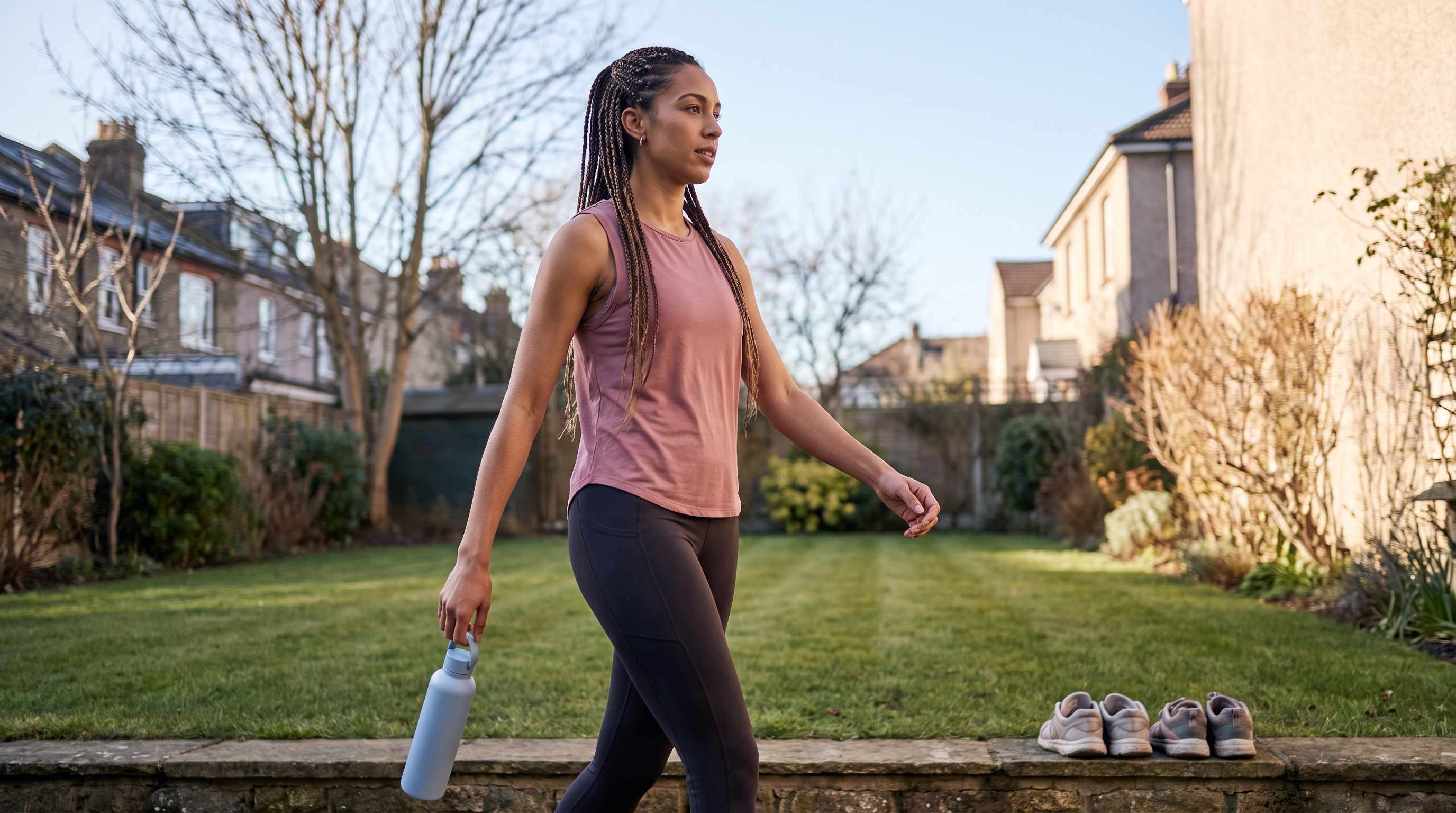 woman walking briskly along a city pavement