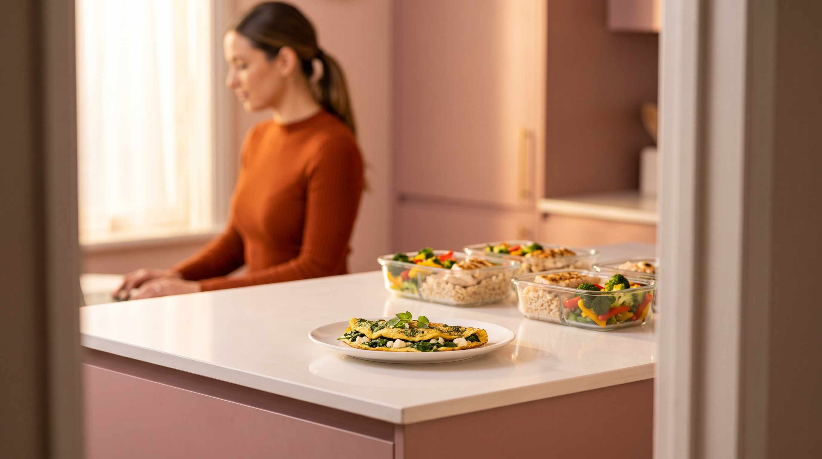 containers of cooked chicken rice and vegetables lined up on a kitchen counter