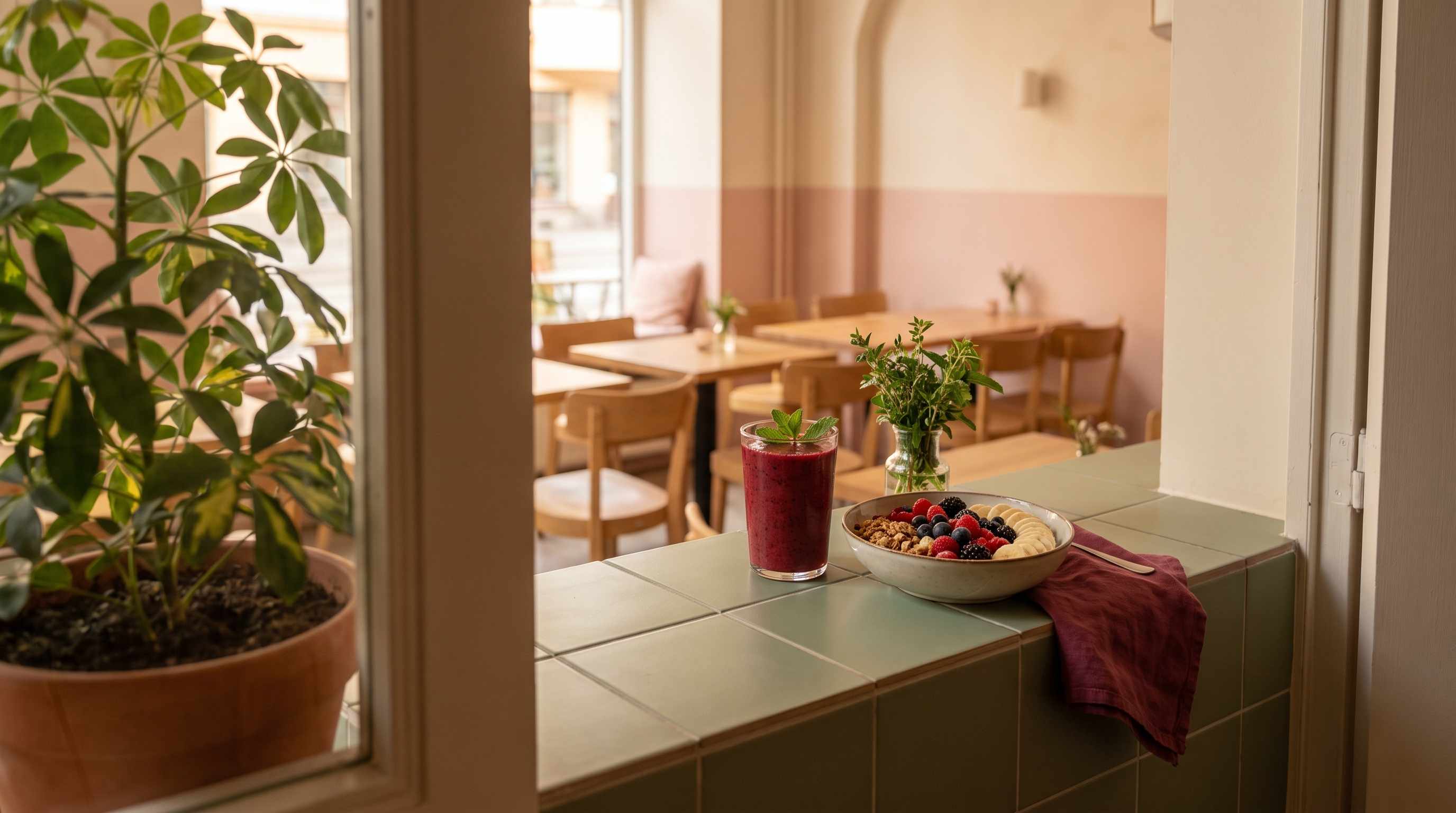 A berry smoothie and a fruit bowl on a cozy breakfast table