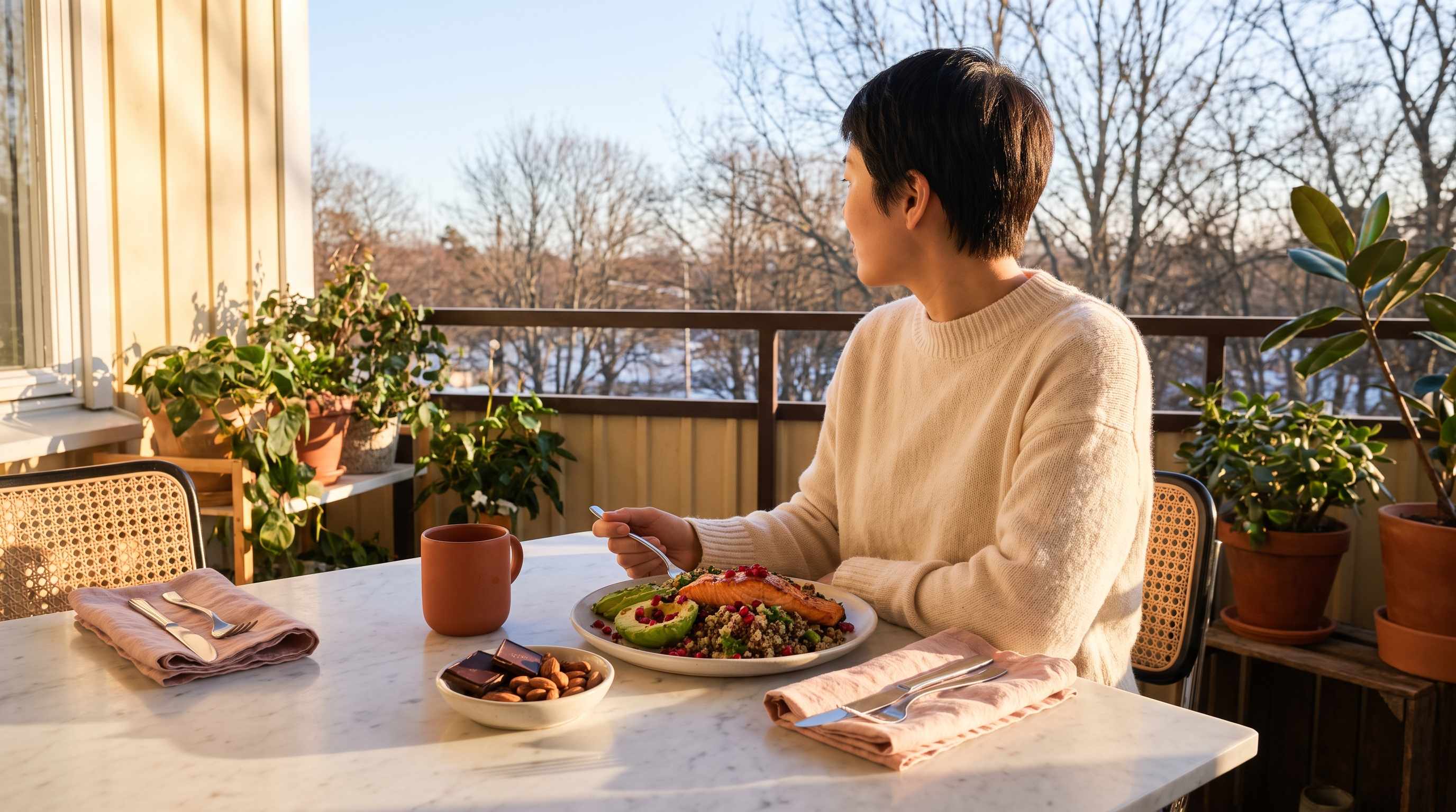 A woman in her 30s enjoying a colourful salmon and quinoa plate at a cozy breakfast table