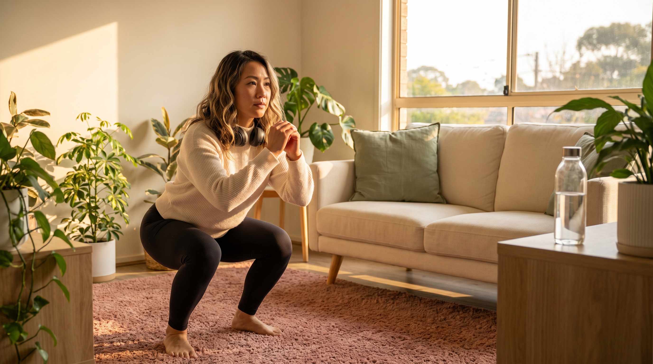 woman doing bodyweight squats on a living room rug