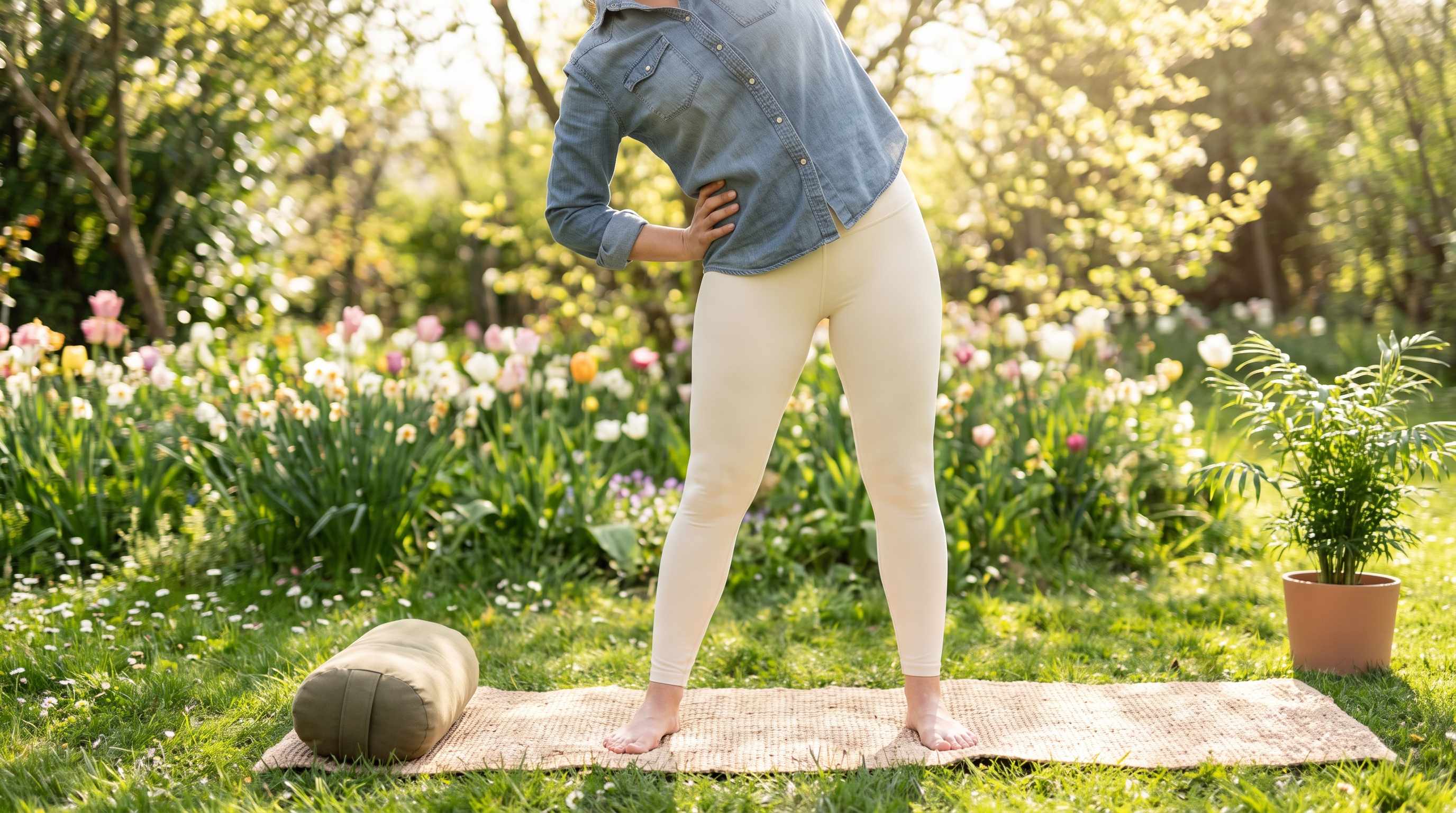 woman doing a standing low impact workout on a living room mat