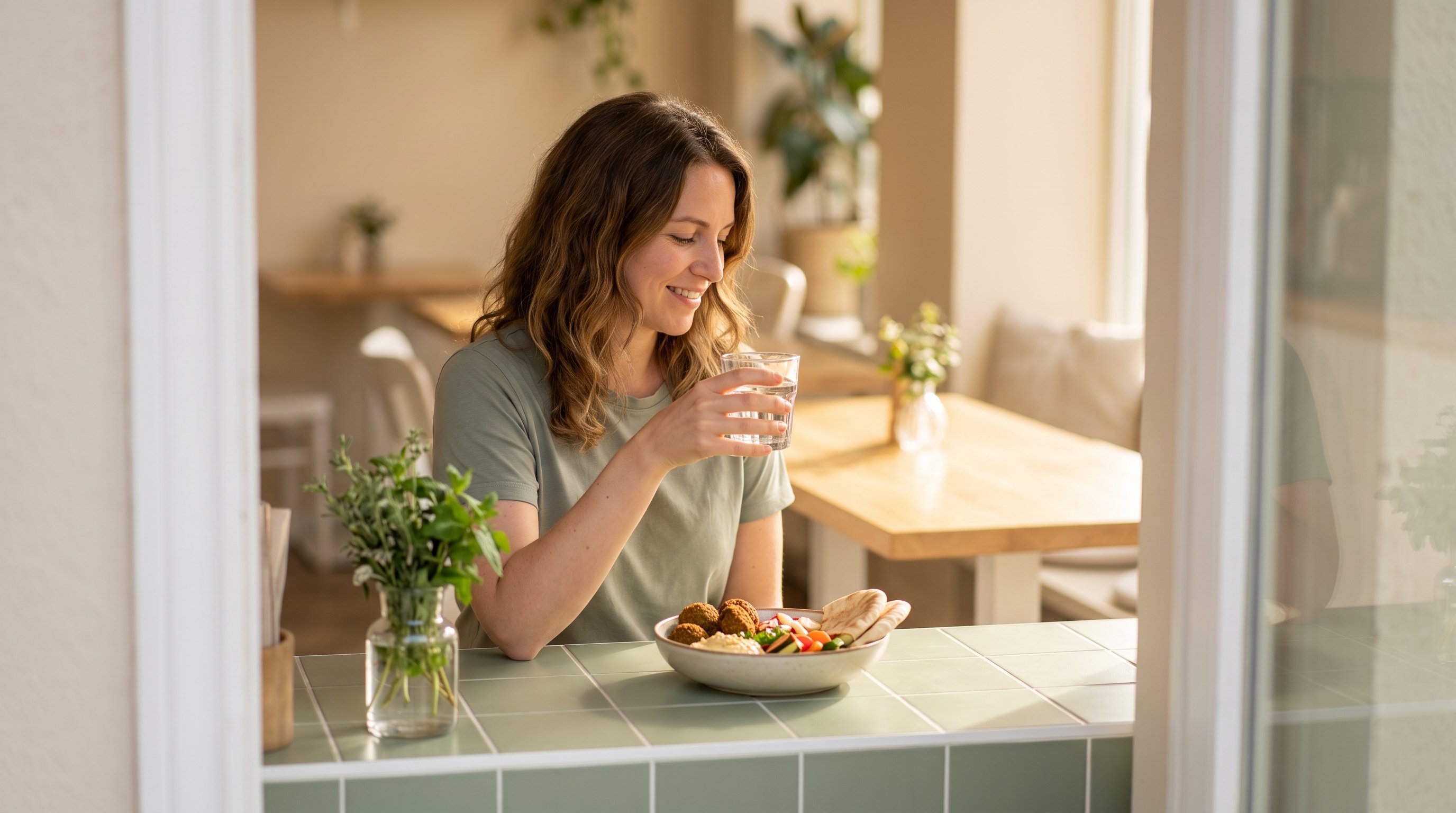 A woman in her late 20s relaxing with a glass of water after a meal at a sunny dining table