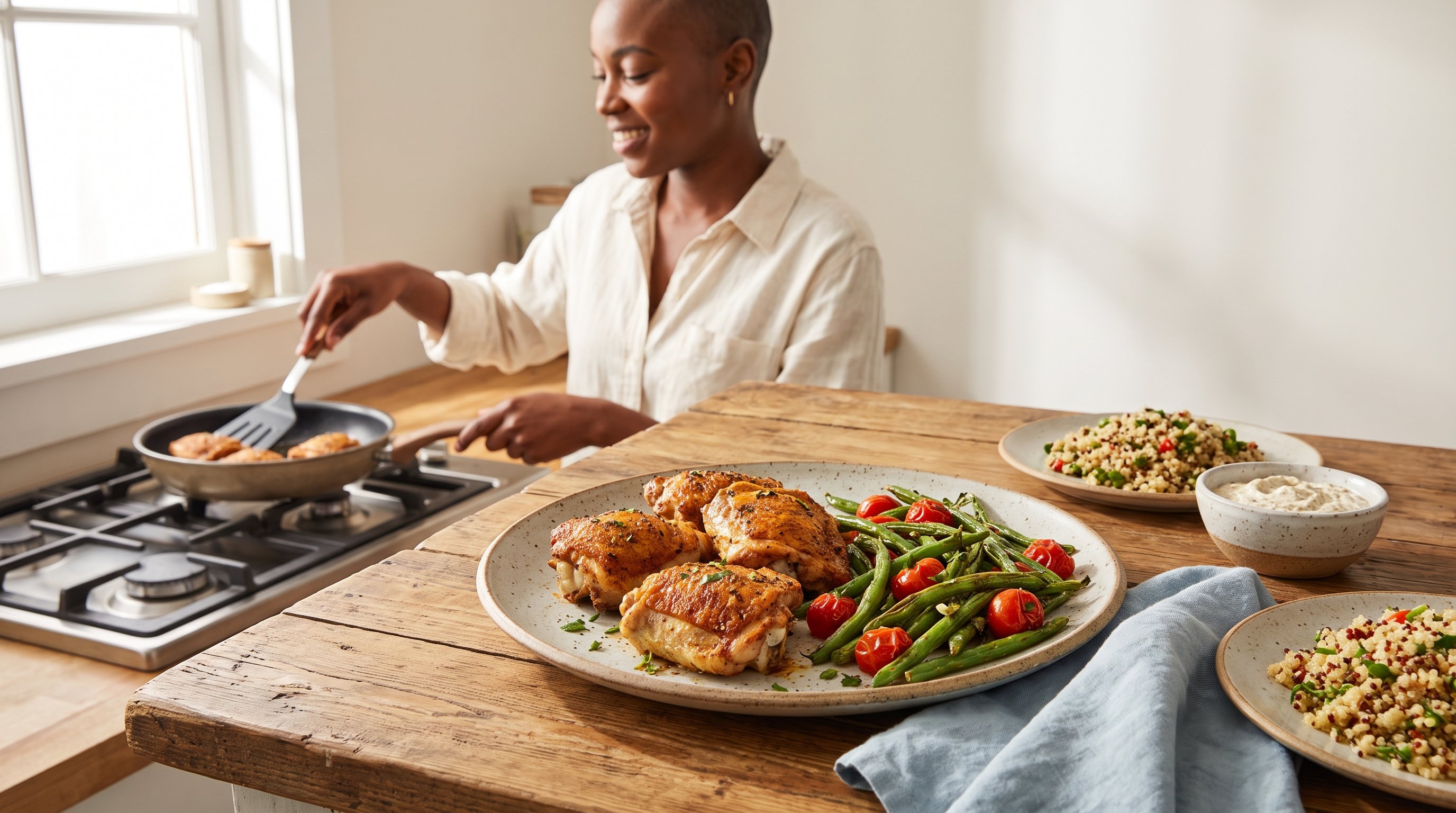 A woman in her late 20s smiling while cooking crispy air-fried chicken with roasted vegetables in a bright airy home kitchen