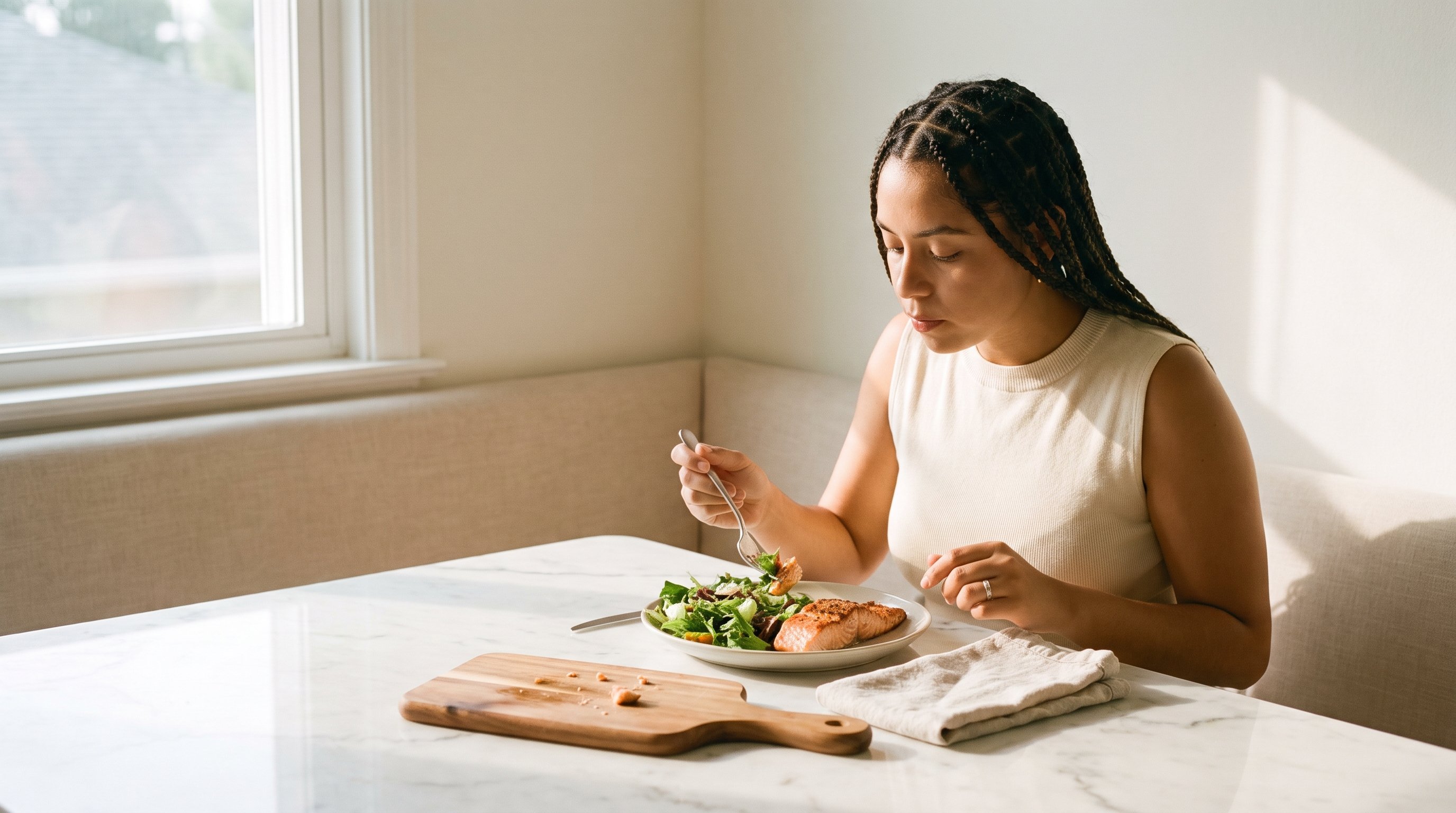 Air-fried salmon with a green salad served on a sunny dining table