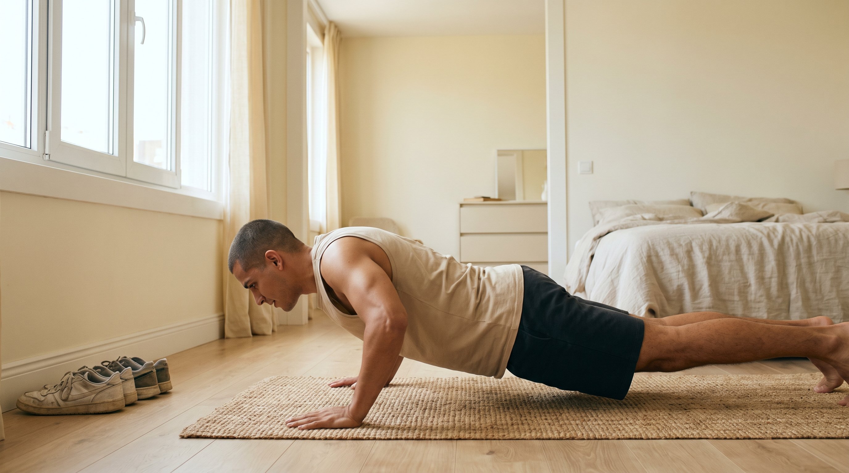 man doing push-ups on kitchen floor in the morning