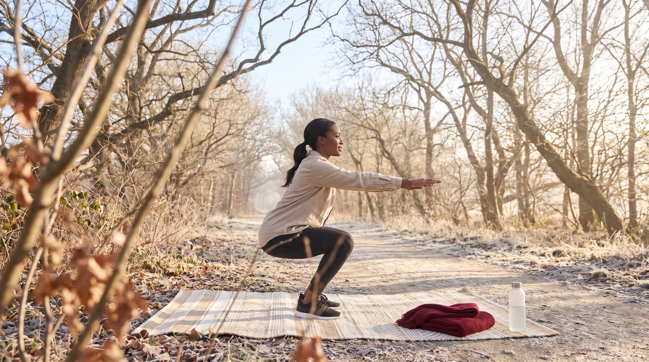 woman doing bodyweight squats on living room rug