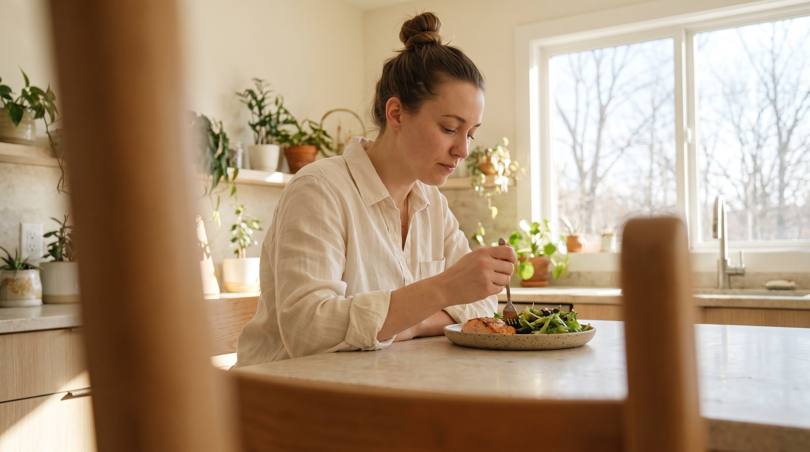 A woman in her late 20s preparing air-fried salmon with a green salad in a bright airy home kitchen