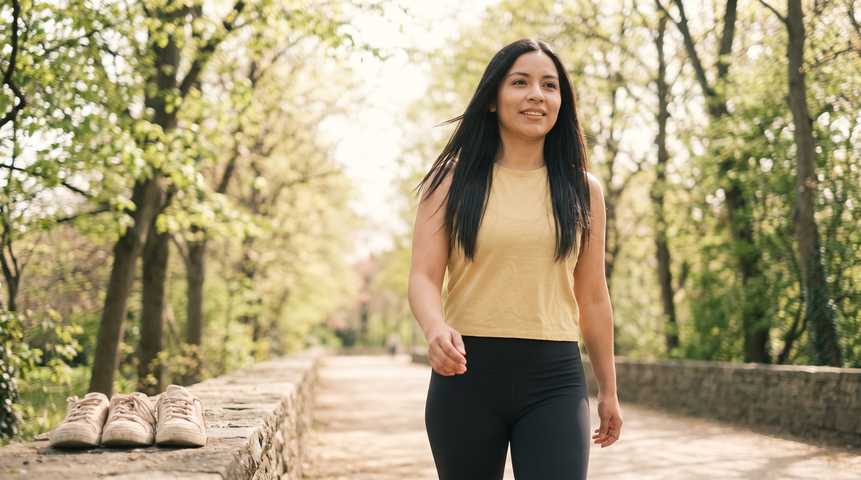A woman in her late 20s walking outdoors on a sunny neighbourhood path