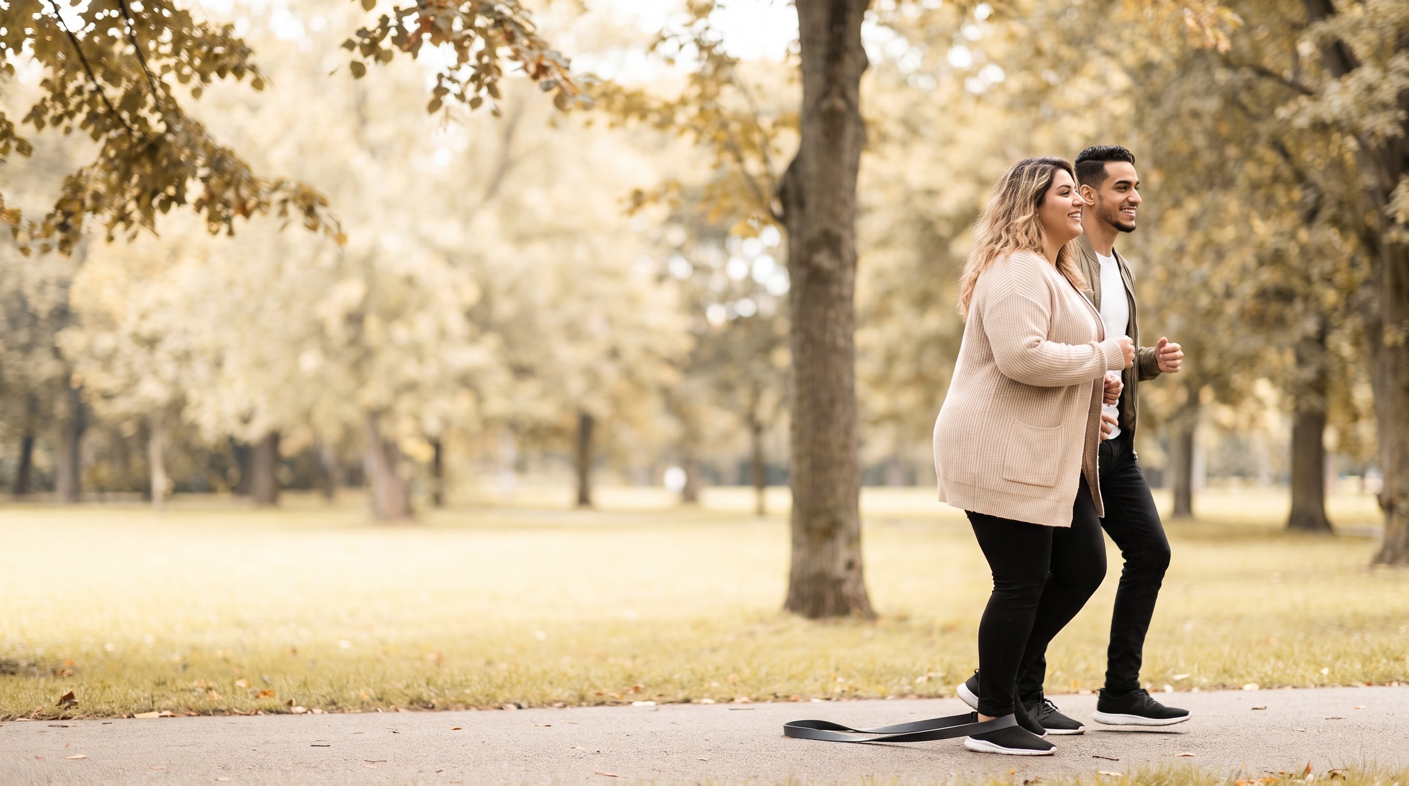 two people walking briskly together on a park path