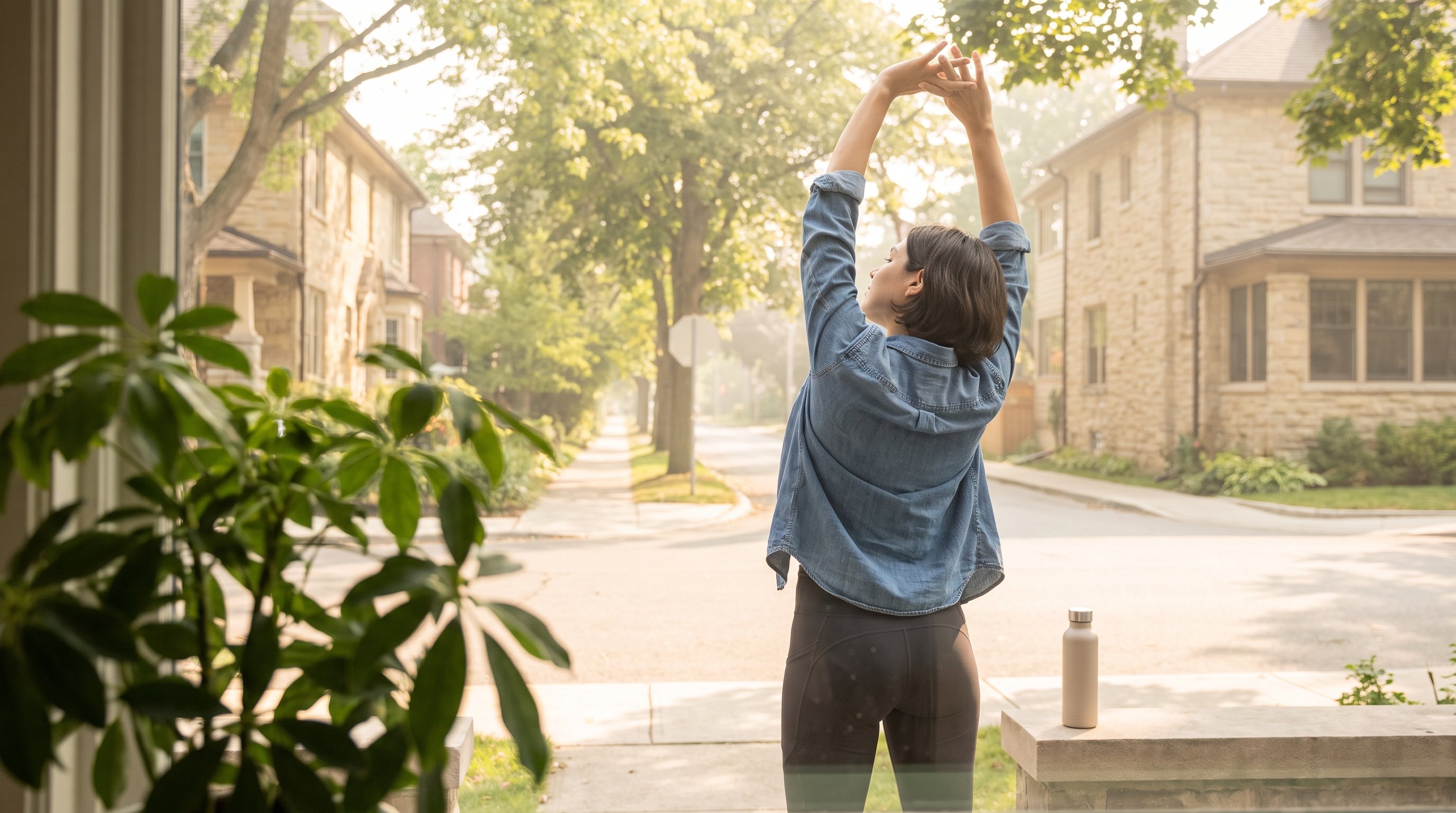 Woman stretching gently in her kitchen while the kettle boils