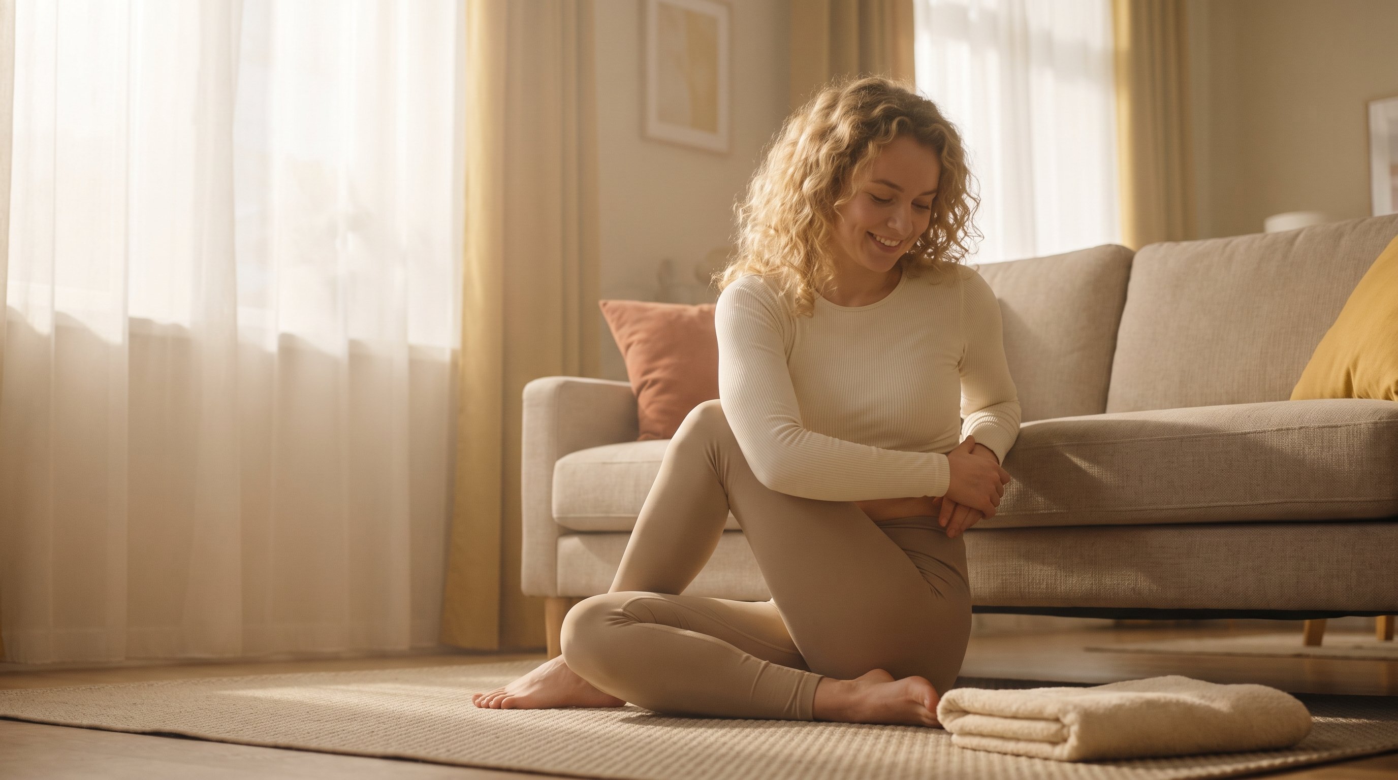 Person doing gentle stretching on a living room mat