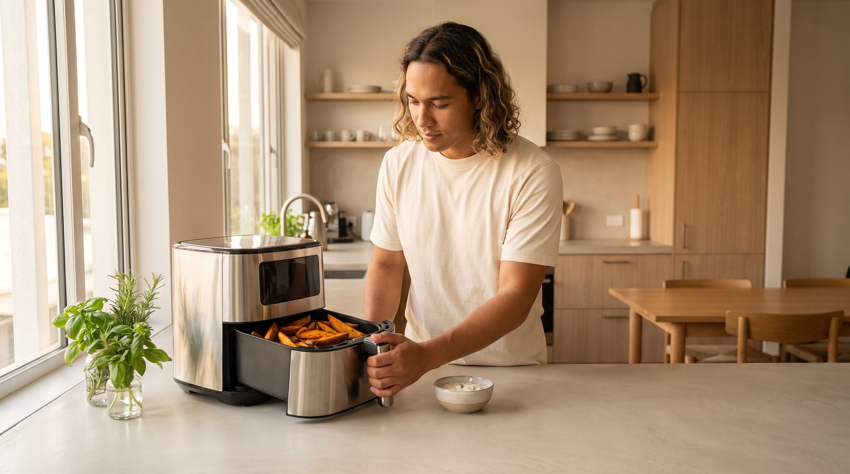 person loading chicken pieces into an air fryer basket on a kitchen counter