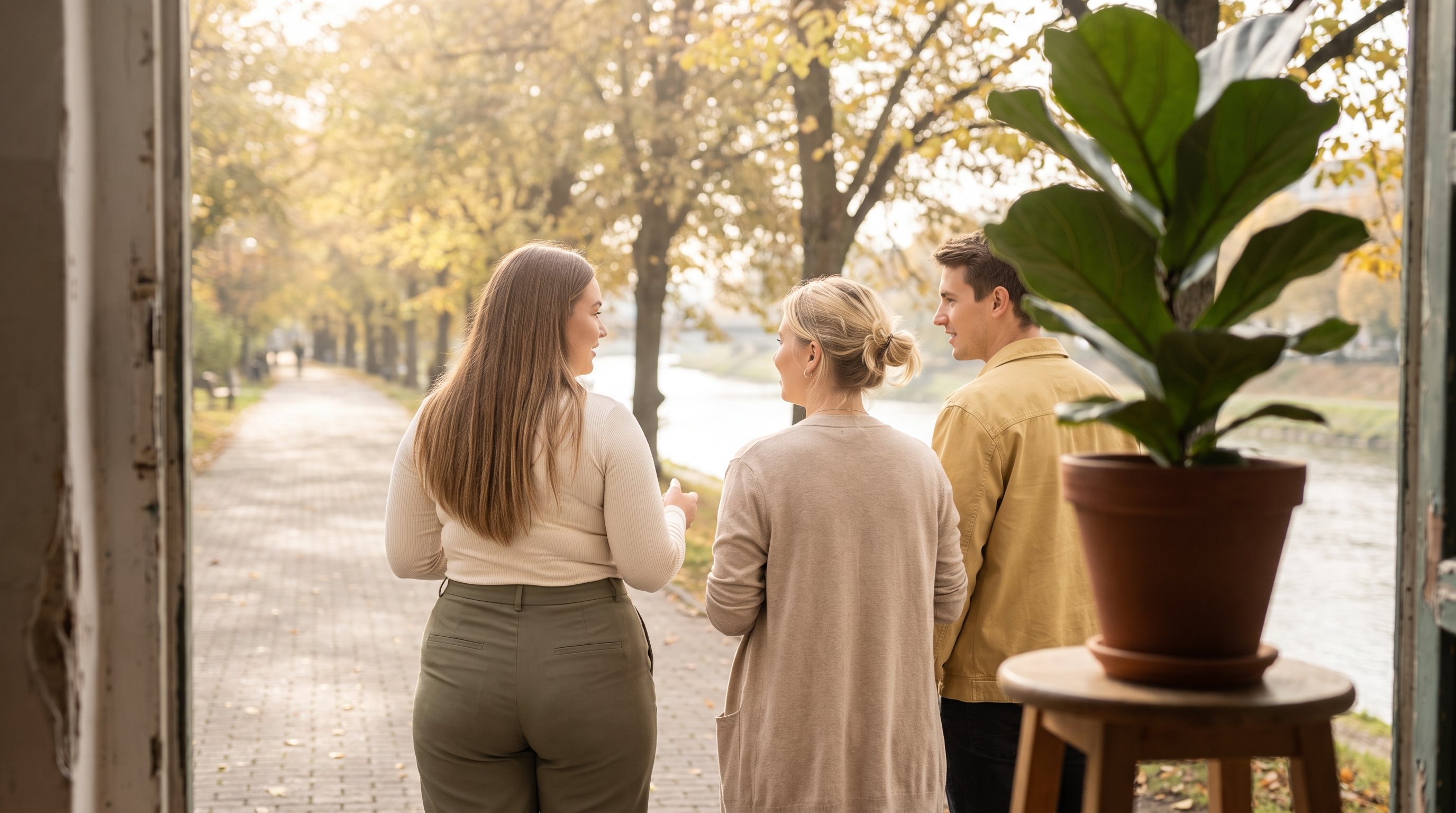 group of friends walking together along a riverside path