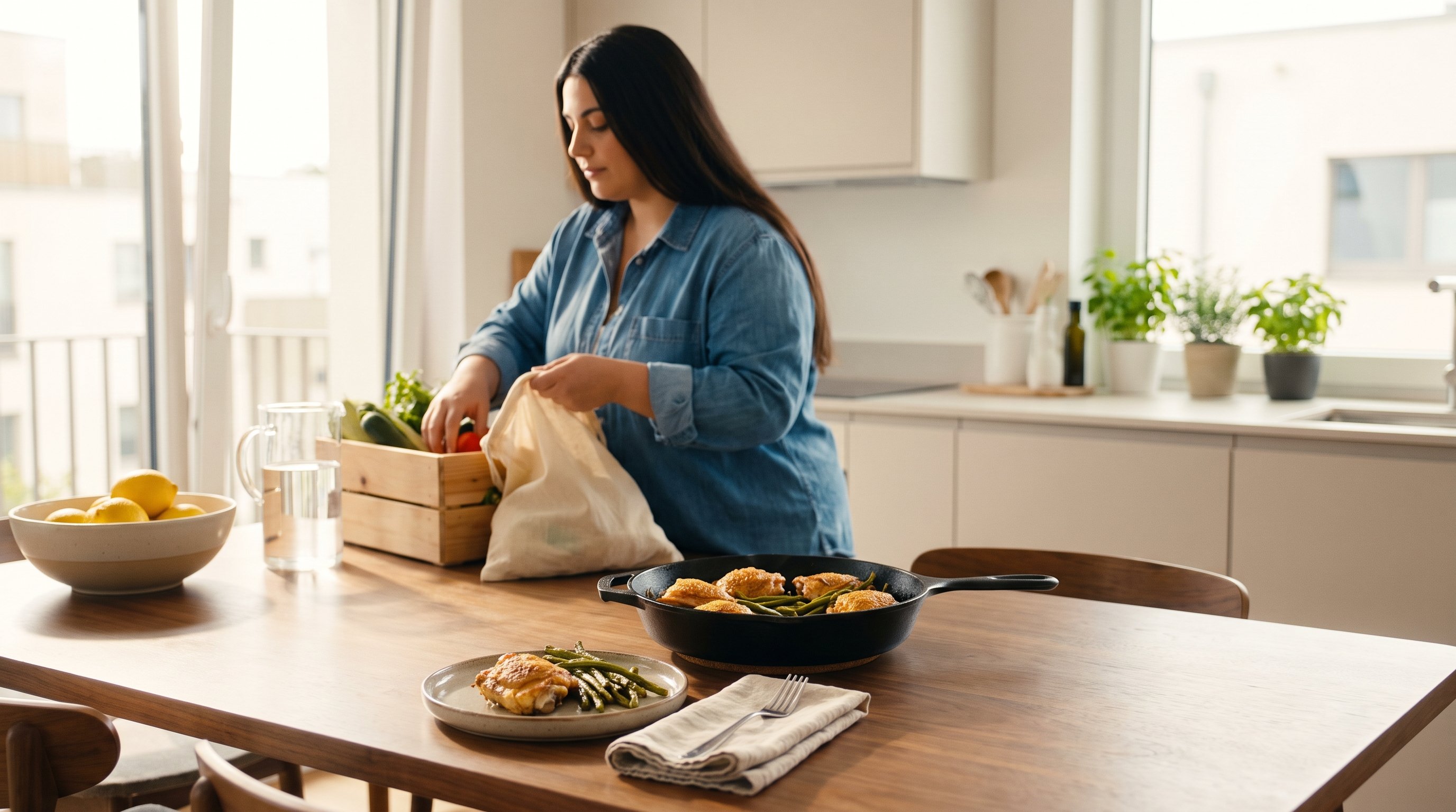 A woman in her late 20s putting groceries away in a bright airy home kitchen