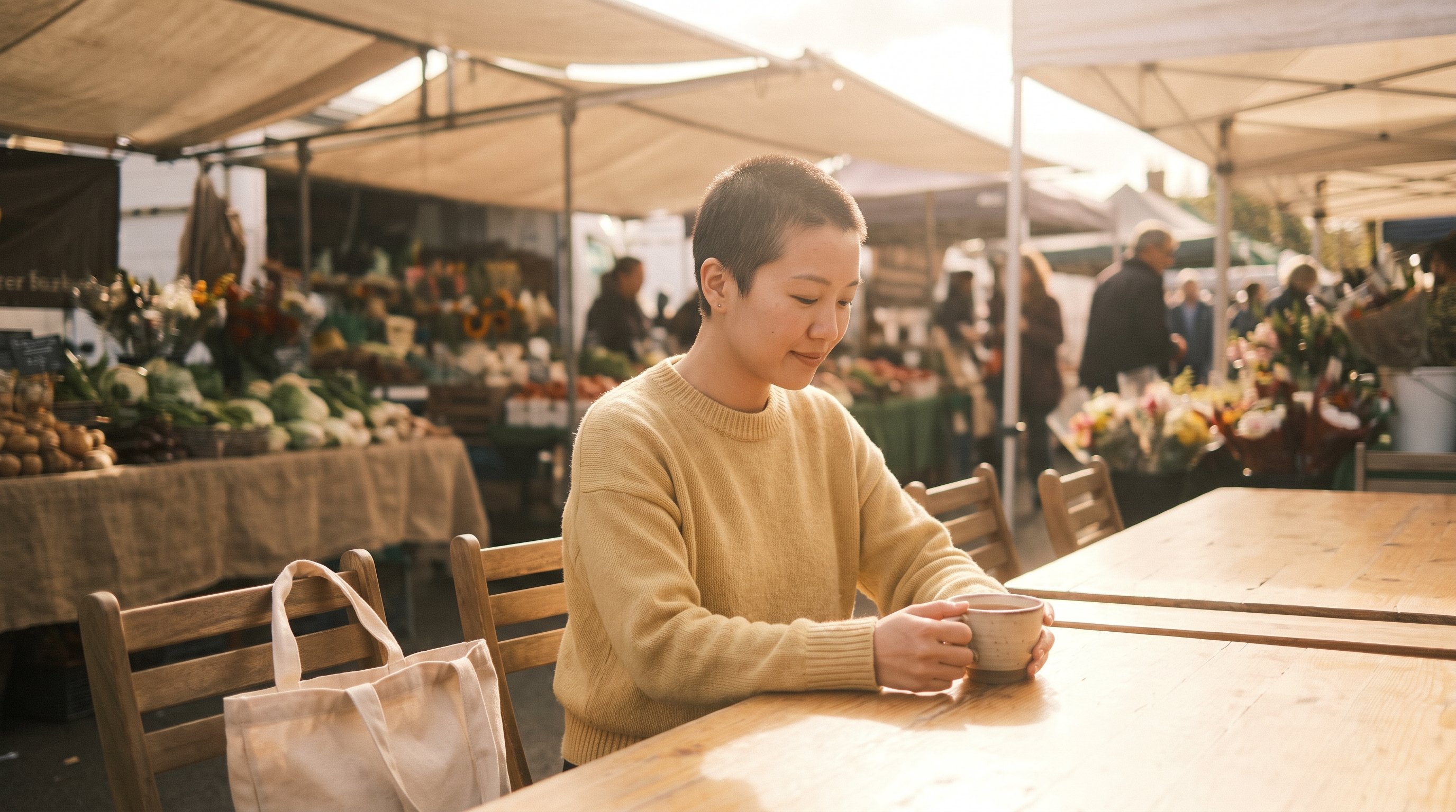 A woman in her late 20s sitting calmly at a sunny dining table with a cup of tea