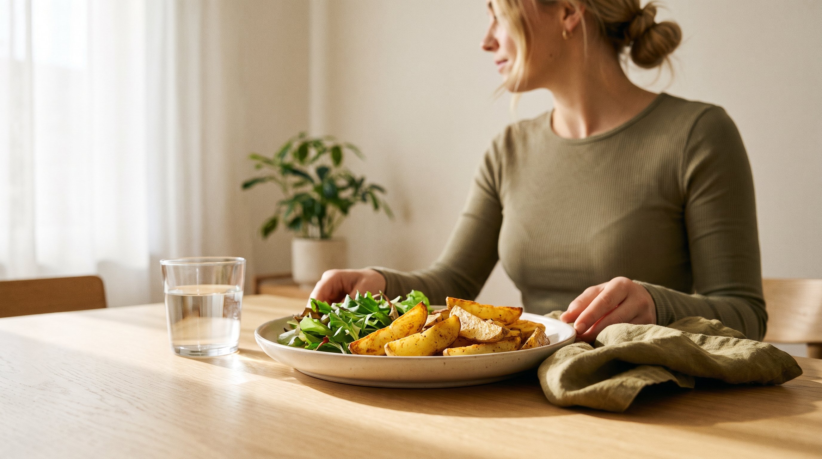Golden air-fried potato wedges and greens on a sunny dining table beside a glass of water