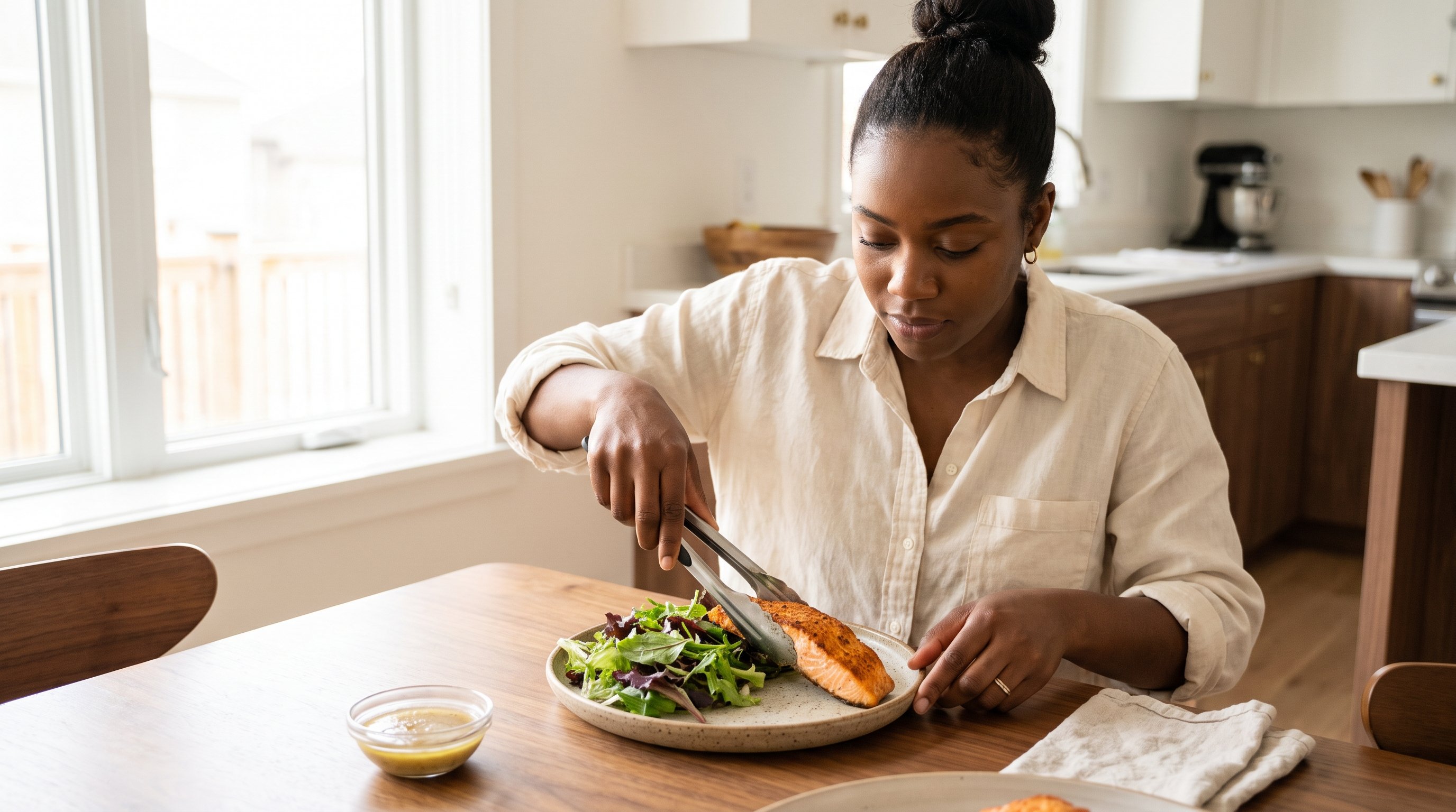 A woman in her late 20s preparing air-fried salmon with a green salad in a bright airy home kitchen