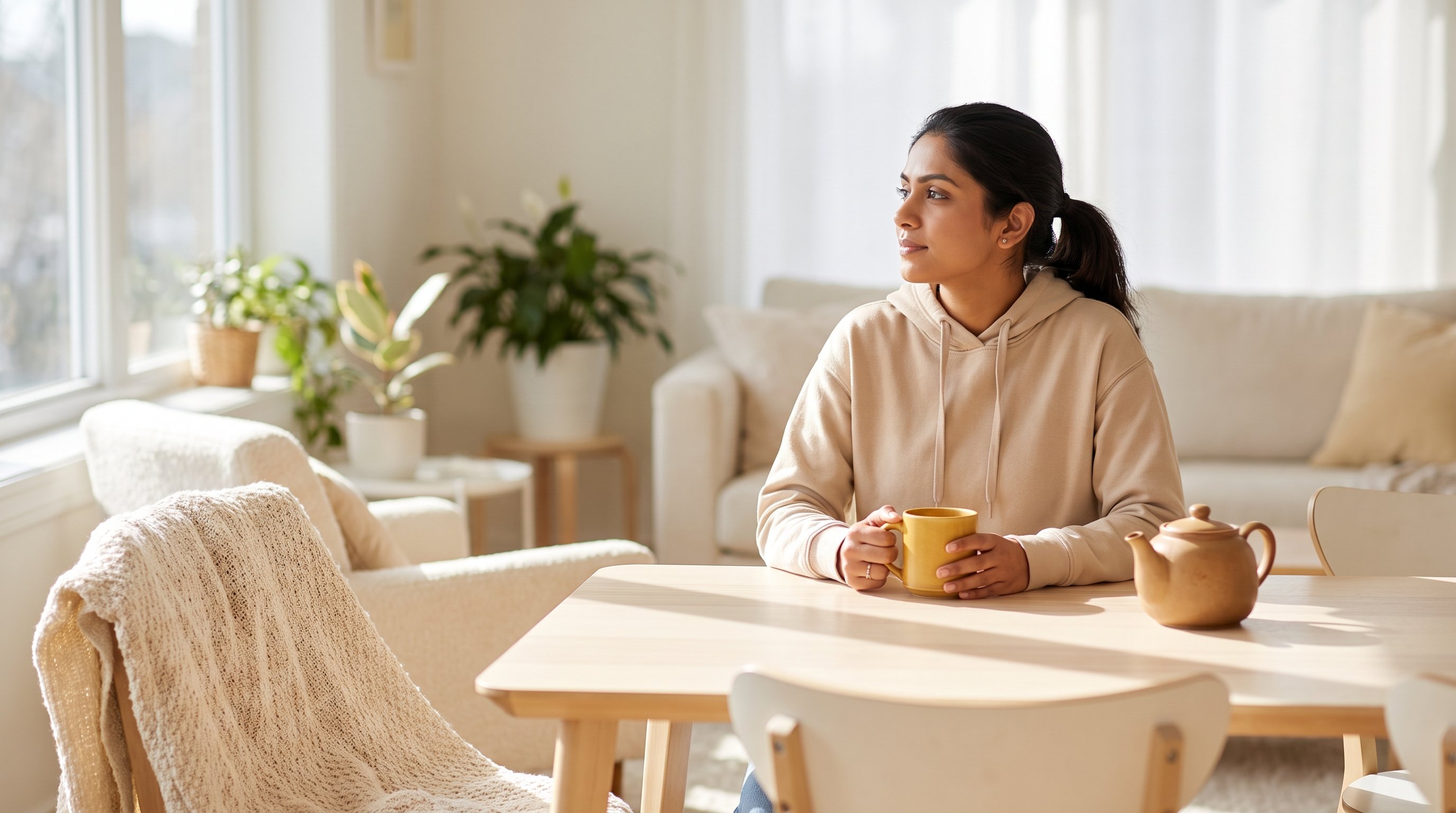 A woman in her late 20s sitting at a sunny dining table with a cup of tea