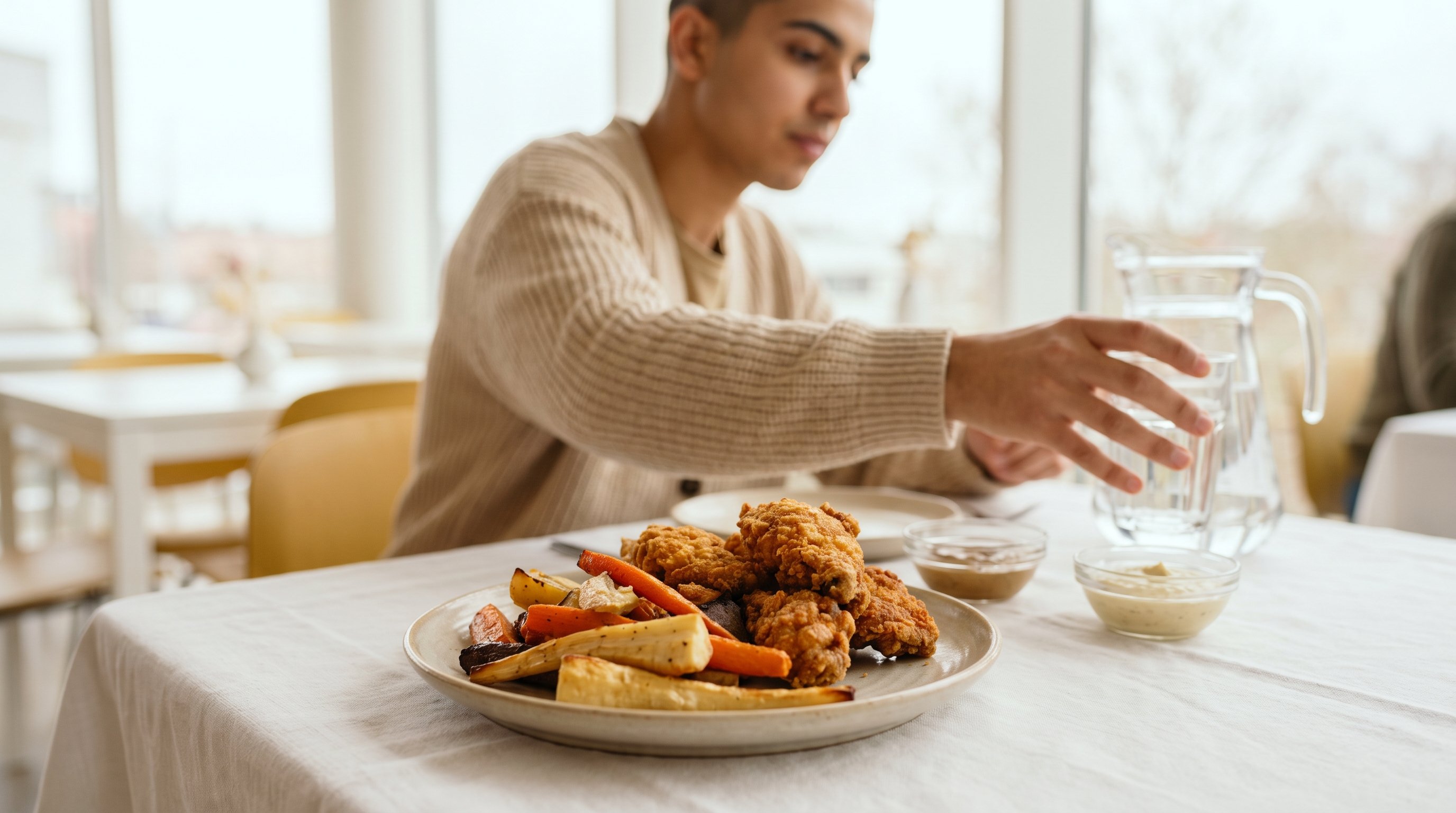 Crispy air-fried chicken with roasted vegetables ready to eat on a sunny dining table