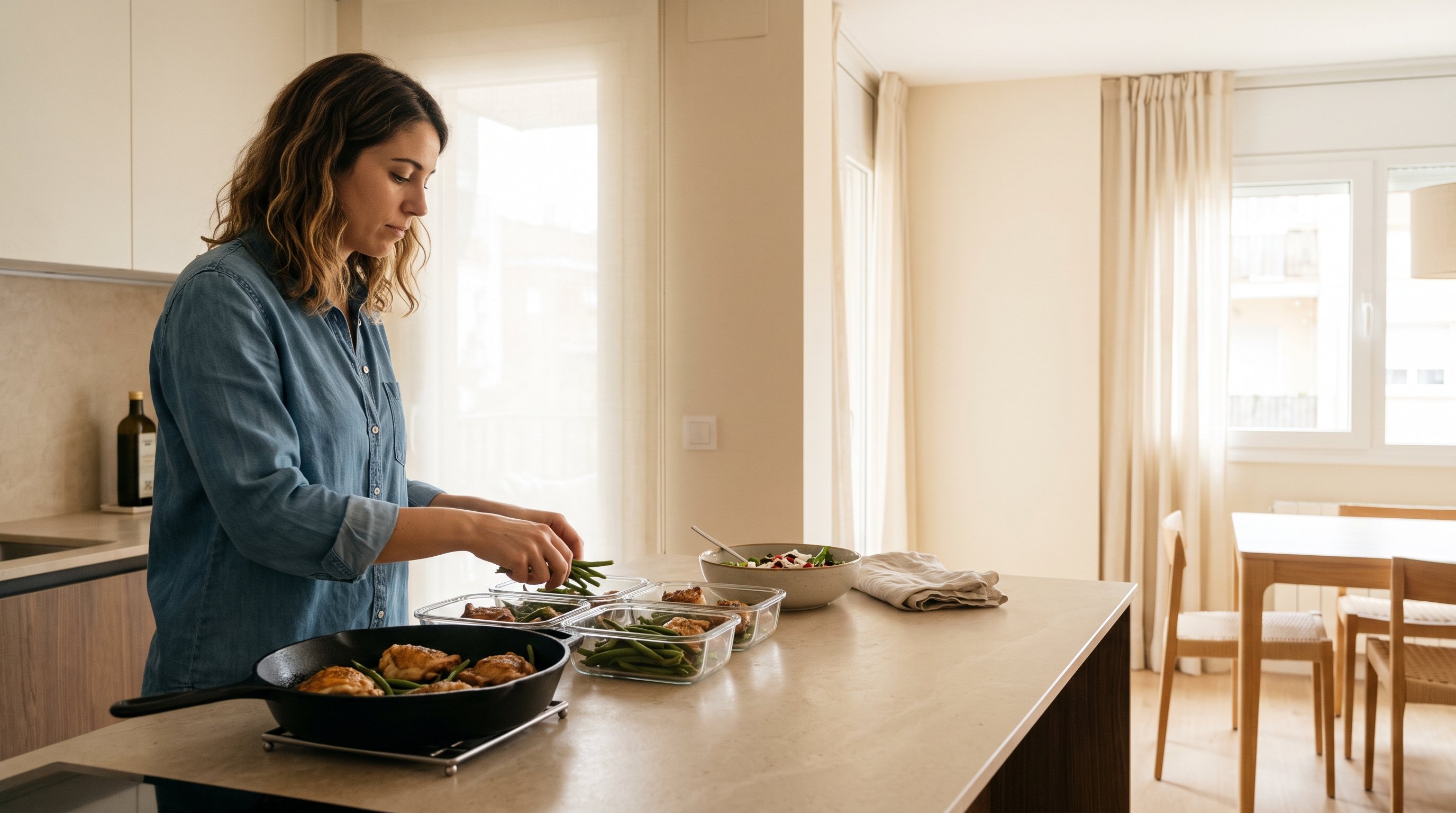 person portioning cooked chicken and vegetables into containers