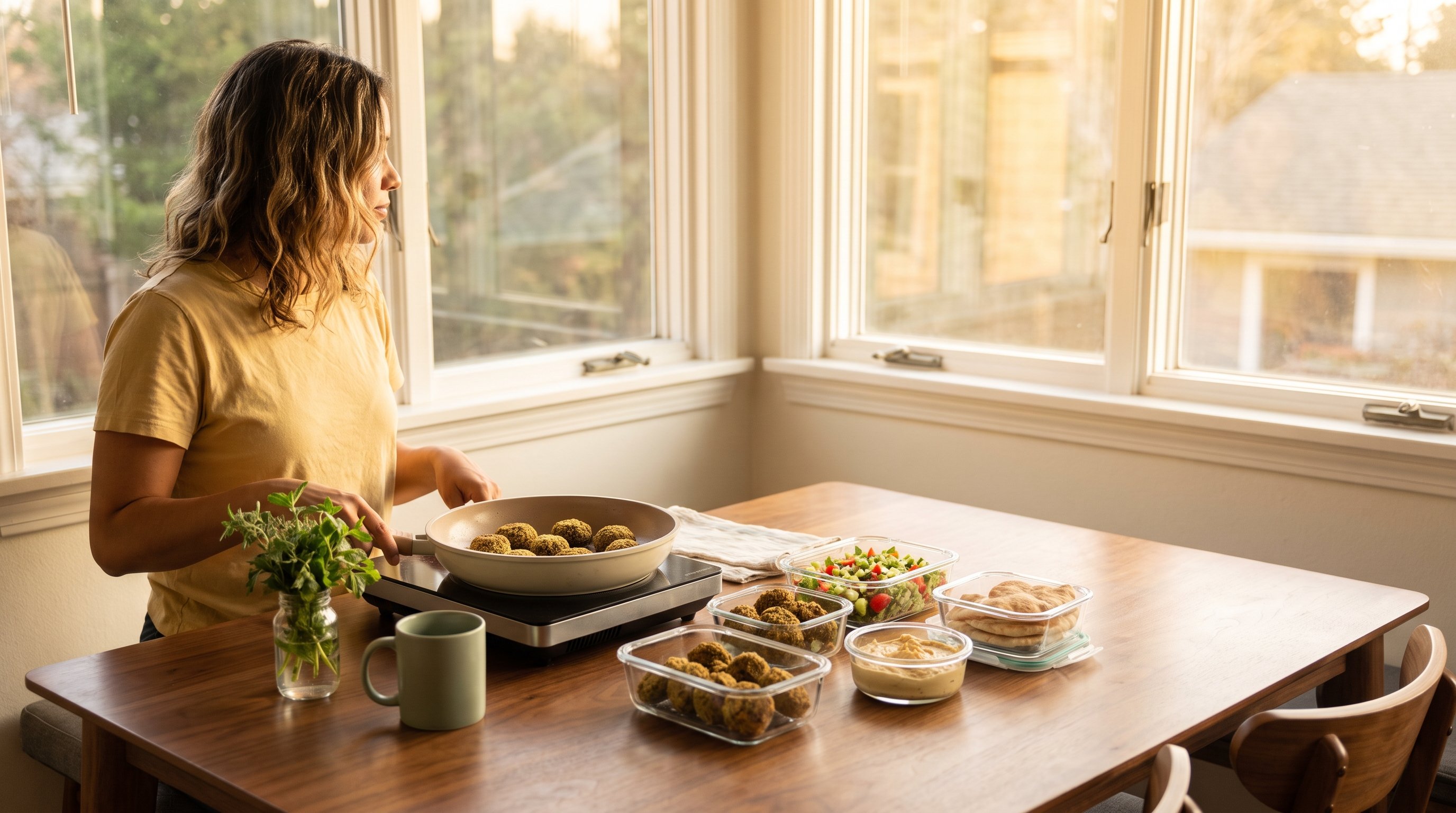 containers of prepped meals lined up on kitchen counter