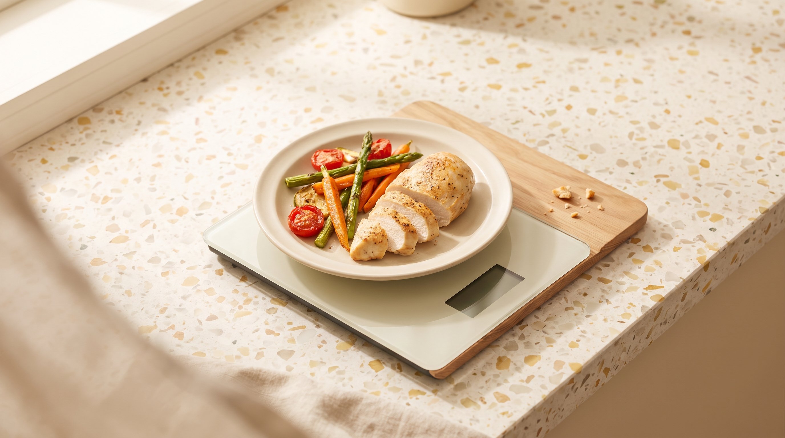 kitchen scale weighing chicken breast on counter