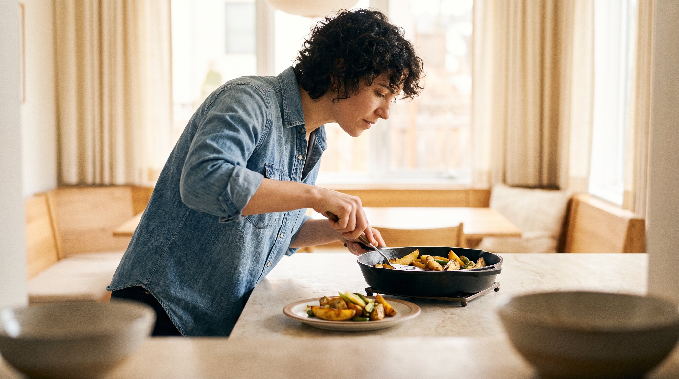 A woman in her late 20s cooking golden air-fried potato wedges and greens in a bright airy home kitchen